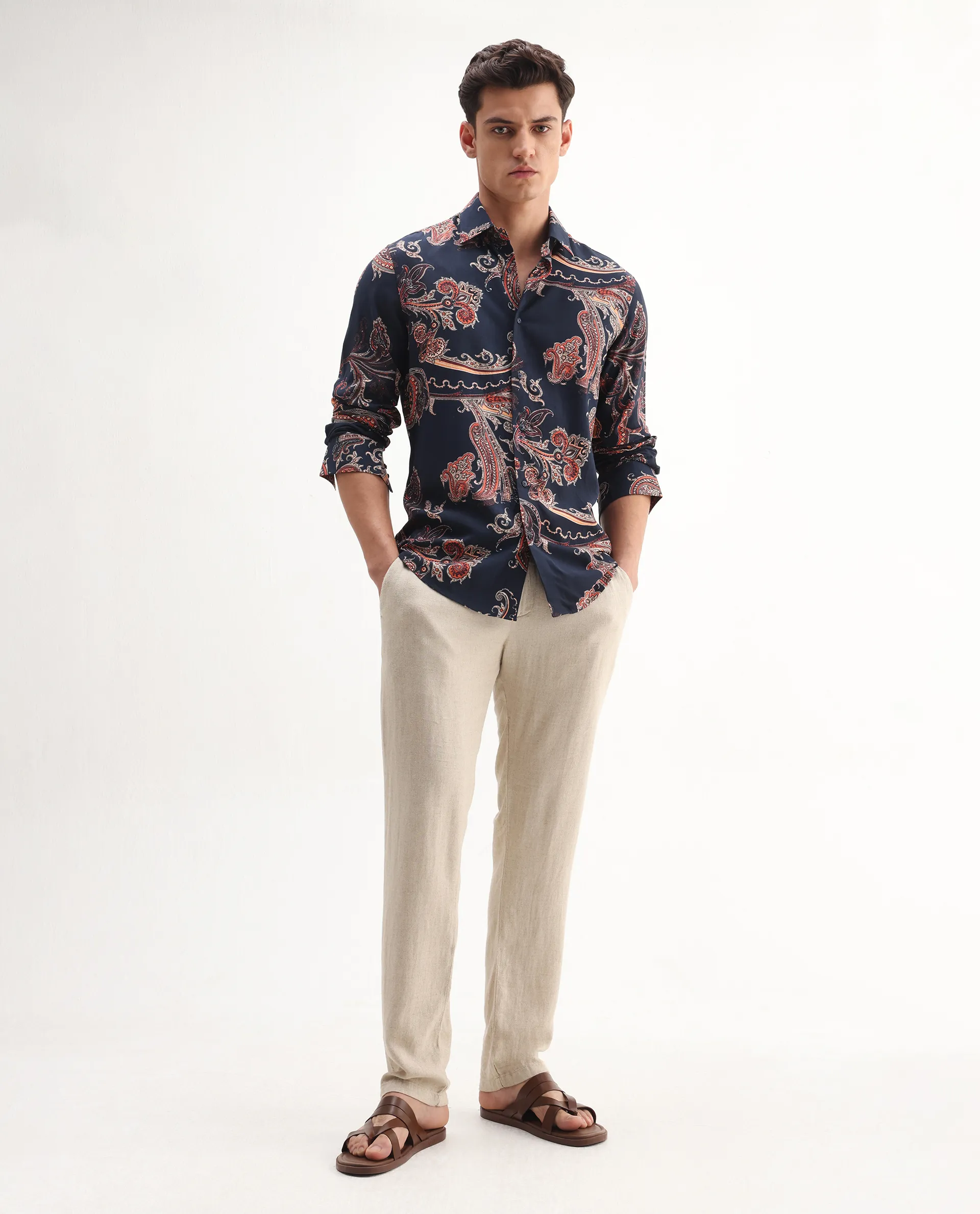 Rare Rabbit Men's Strom Dark Blue Viscose Paisley Print Regular Fit Full Sleeve Collared Shirt - Image 2