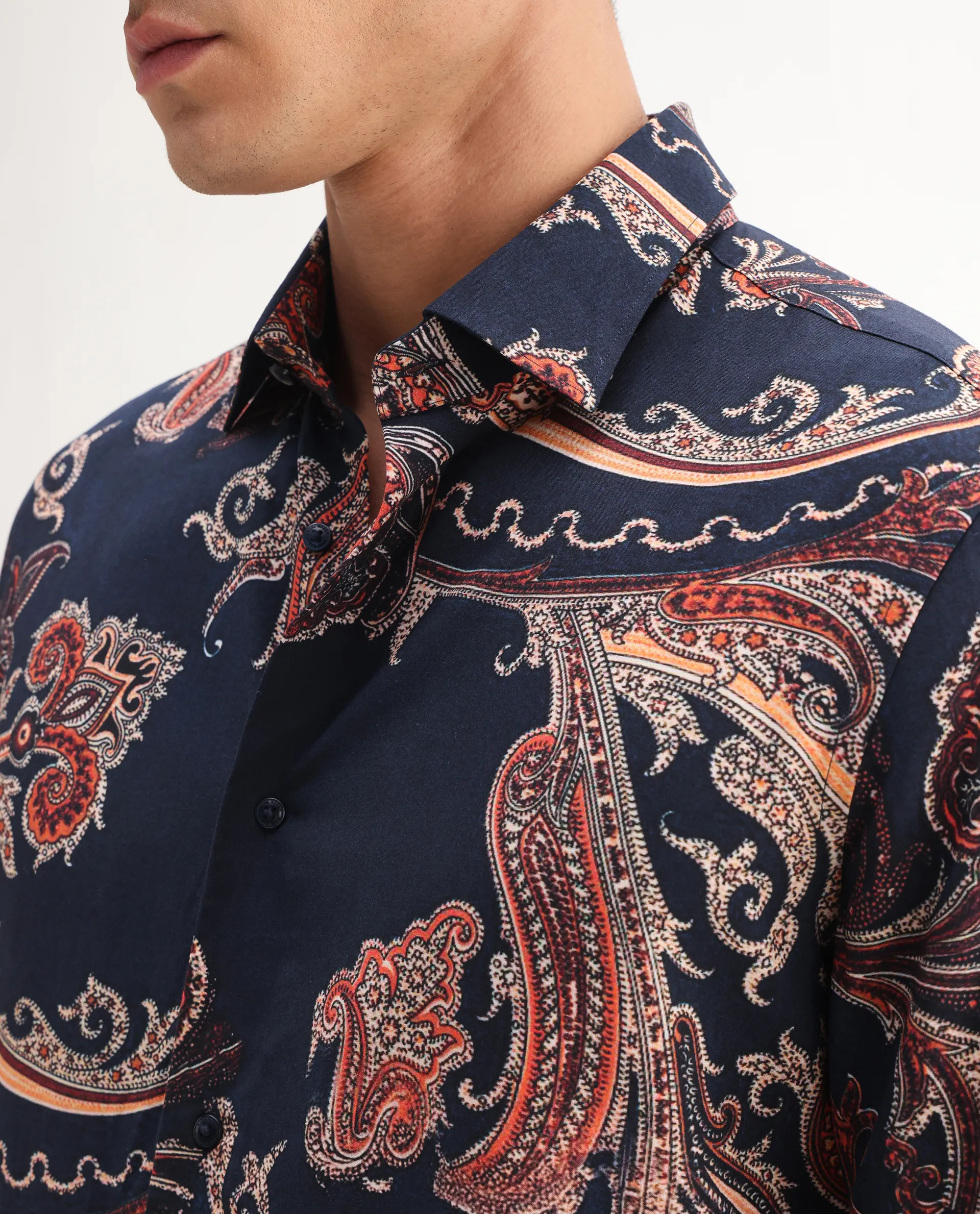 Rare Rabbit Men's Strom Dark Blue Viscose Paisley Print Regular Fit Full Sleeve Collared Shirt - Image 3