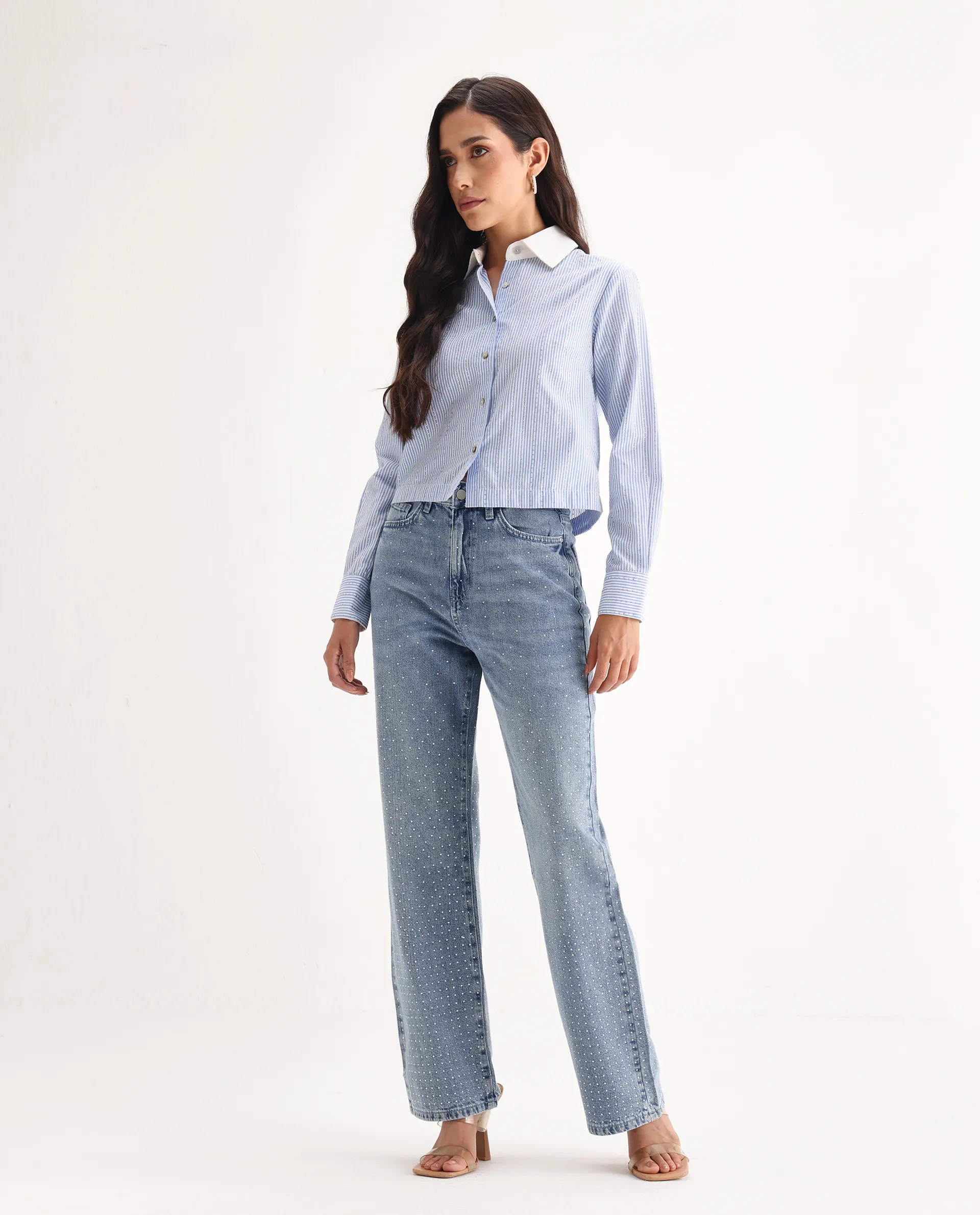 Rareism Women's Study Blue Cotton Blend Plain Ankle Length Smart Straight Fit Jeans