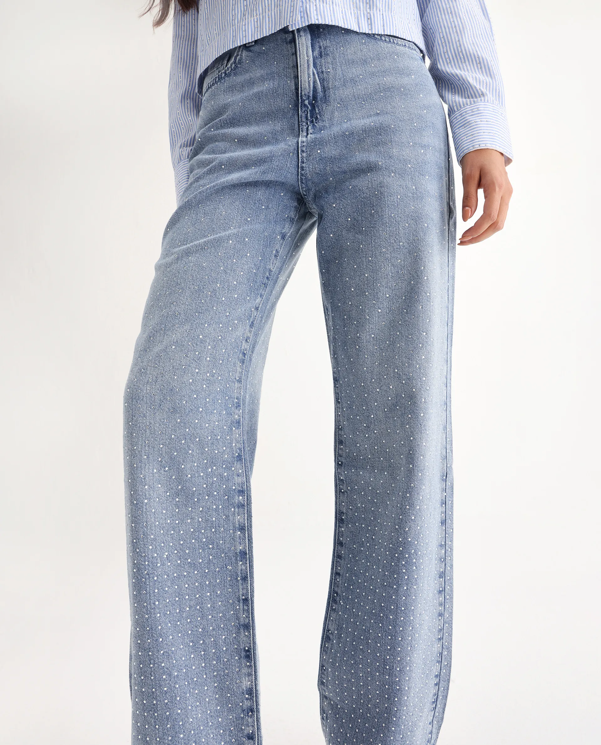 Rareism Women's Study Blue Cotton Blend Plain Ankle Length Smart Straight Fit Jeans - Image 2
