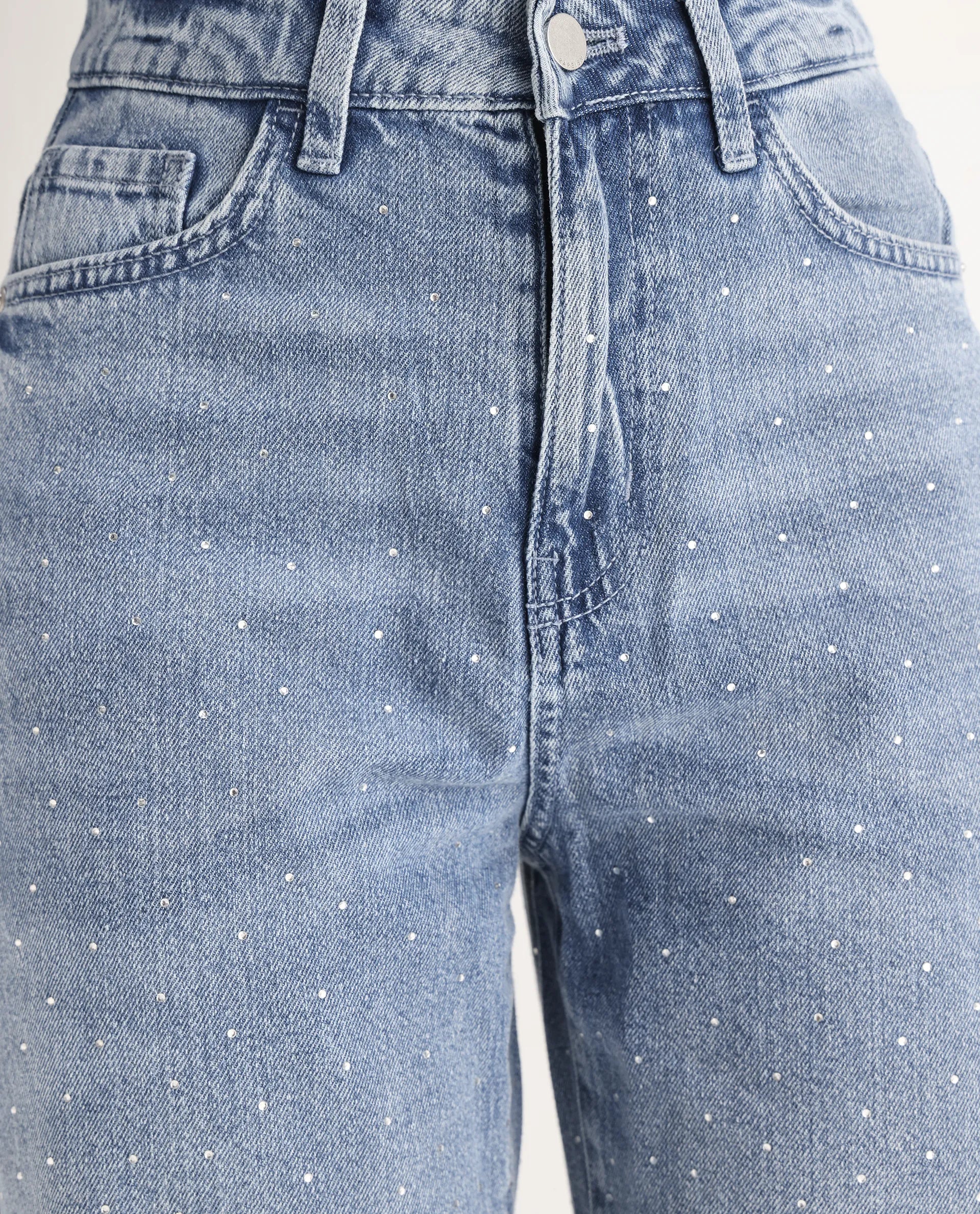 Rareism Women's Study Blue Cotton Blend Plain Ankle Length Smart Straight Fit Jeans - Image 3