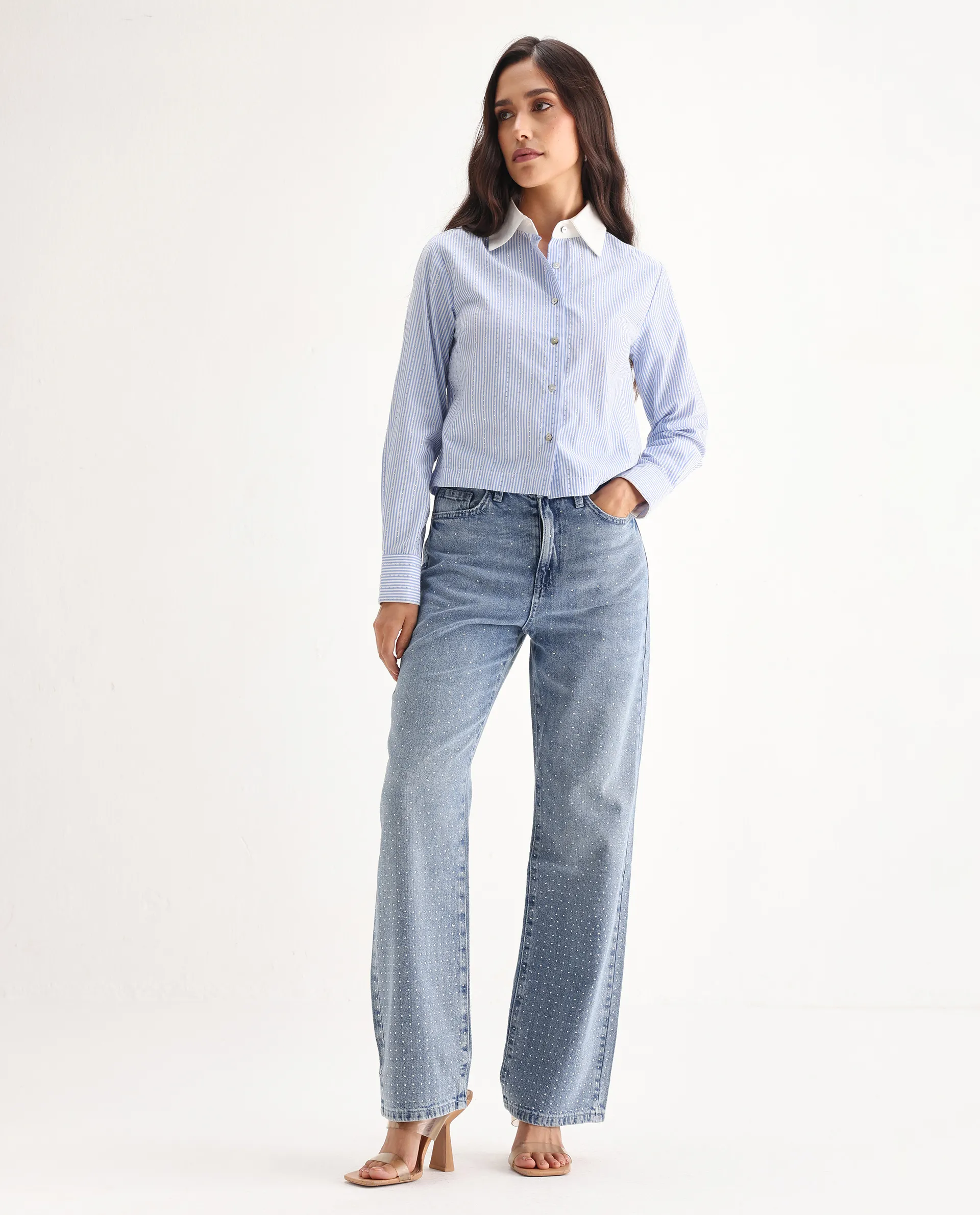 Rareism Women's Study Blue Cotton Blend Plain Ankle Length Smart Straight Fit Jeans - Image 4