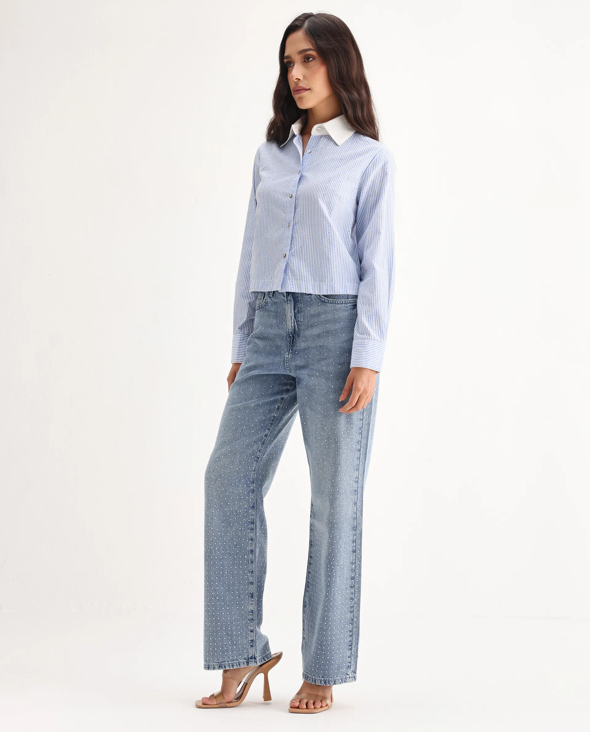 Rareism Women's Study Blue Cotton Blend Plain Ankle Length Smart Straight Fit Jeans - Image 5