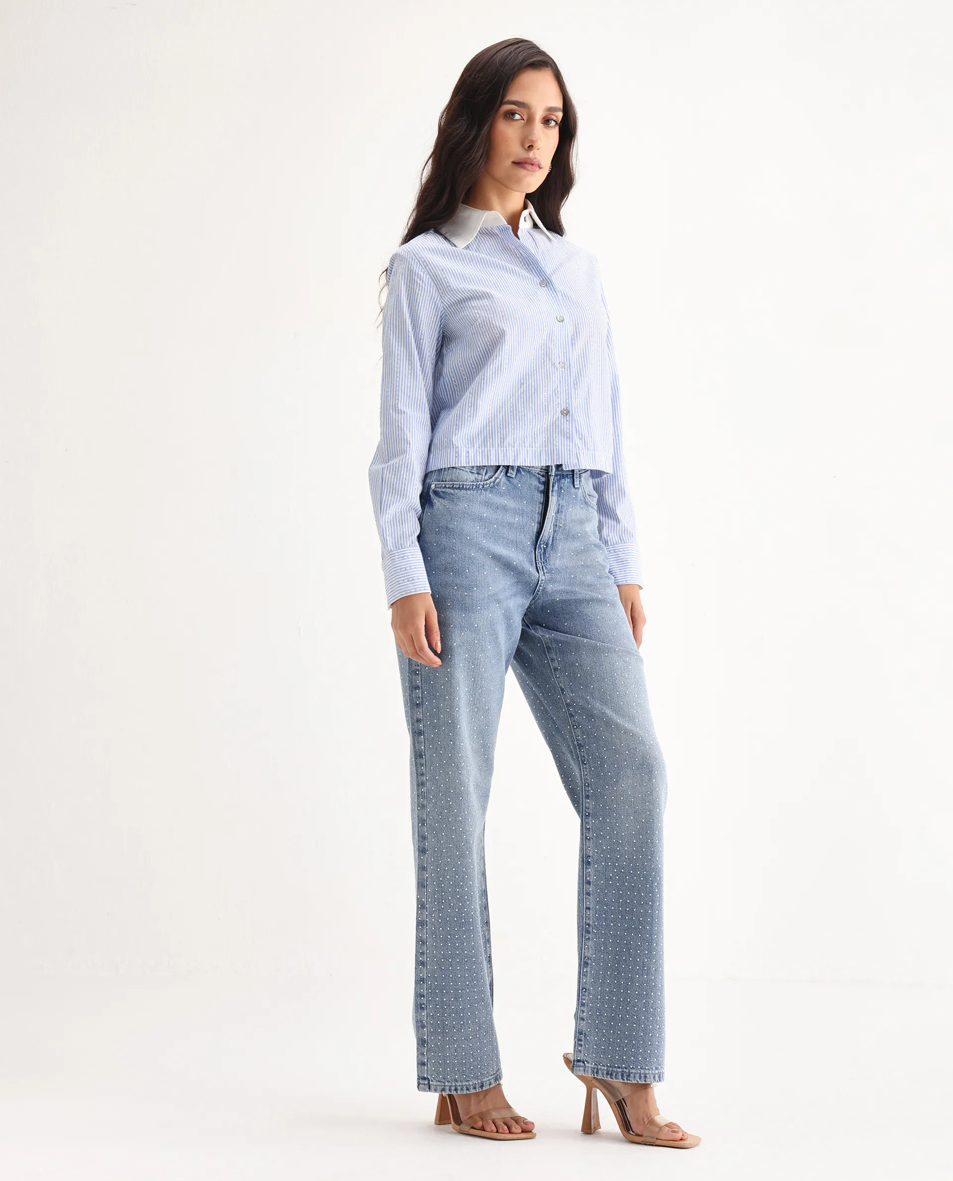 Rareism Women's Study Blue Cotton Blend Plain Ankle Length Smart Straight Fit Jeans - Image 6