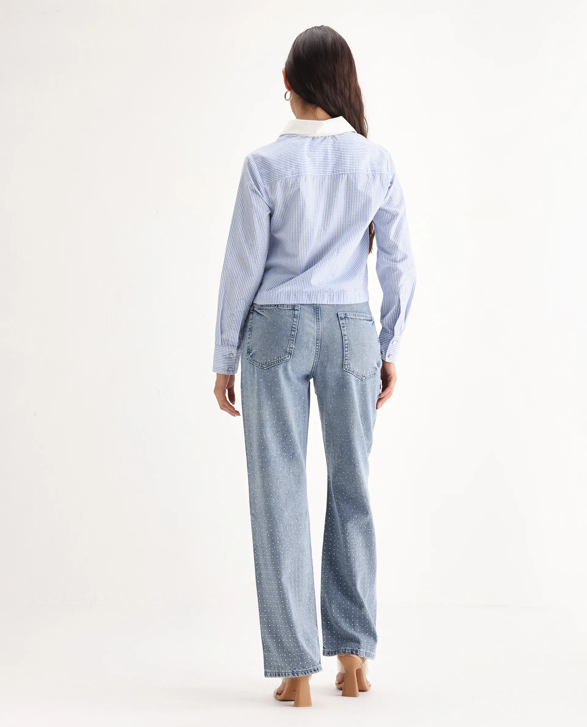 Rareism Women's Study Blue Cotton Blend Plain Ankle Length Smart Straight Fit Jeans - Image 7