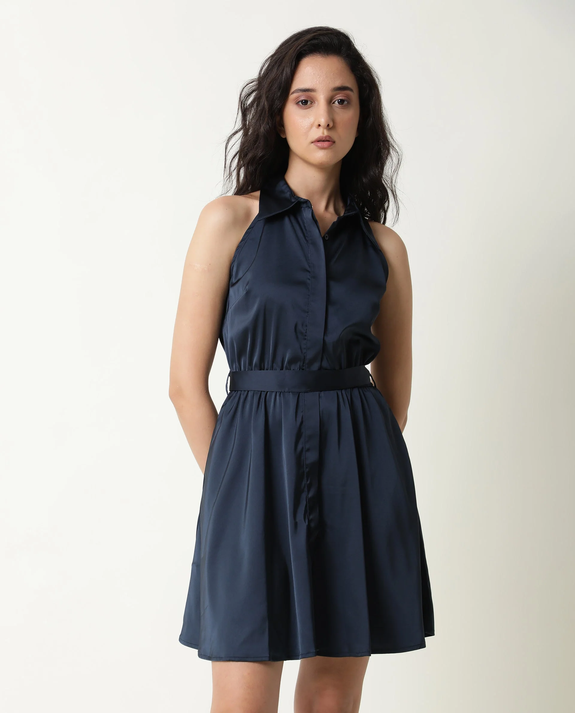 Rareism Women's Sulphur Navy Modal Blend Halter Neck Plain Sleeveless Mini Regular Fit Dress