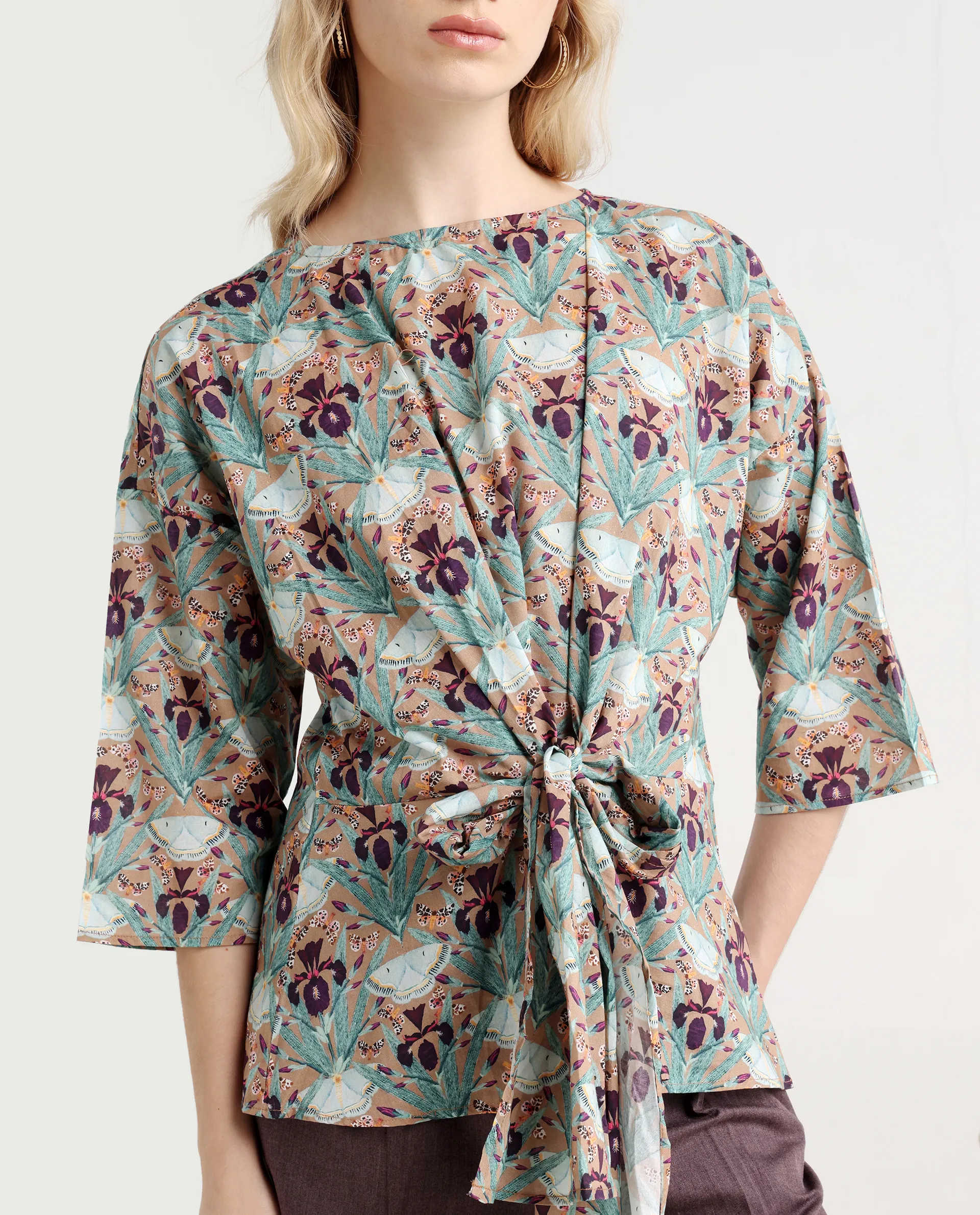 Rareism Women's Talisco Multi Cotton V-Neck Abstract Print Extended Sleeves Relaxed Fit Top