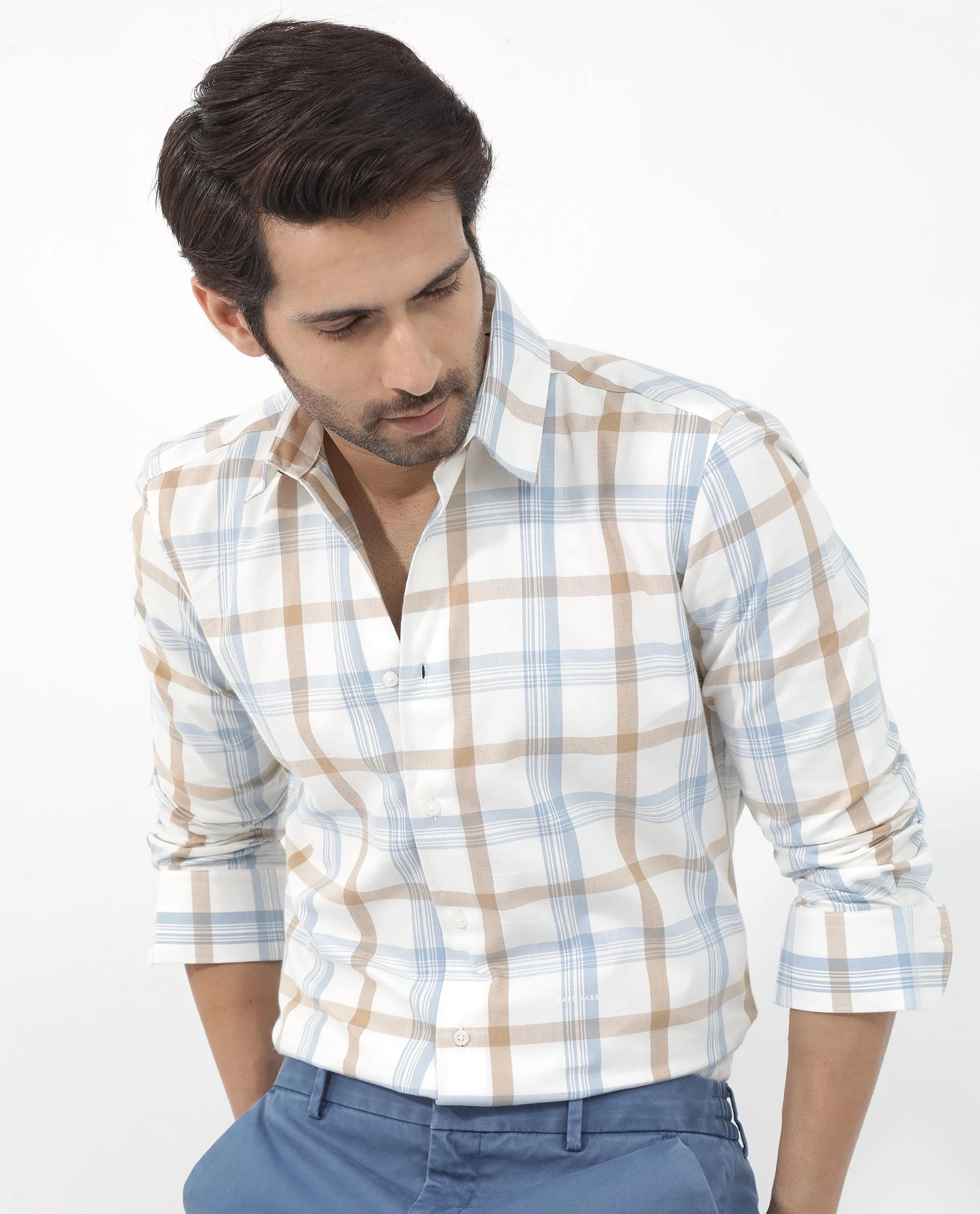 Rare Rabbit Men's Tanner Dusky Blue Cotton Checked Print Regular Fit Full Sleeve Collared Shirt