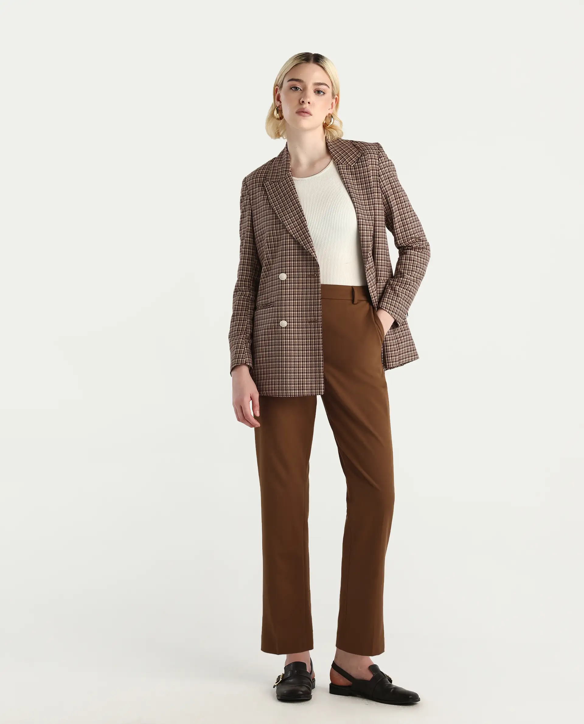 Rareism Women's Taper Light Brown Polyester Blend Tapered Ankle Length Plain Travel Trouser