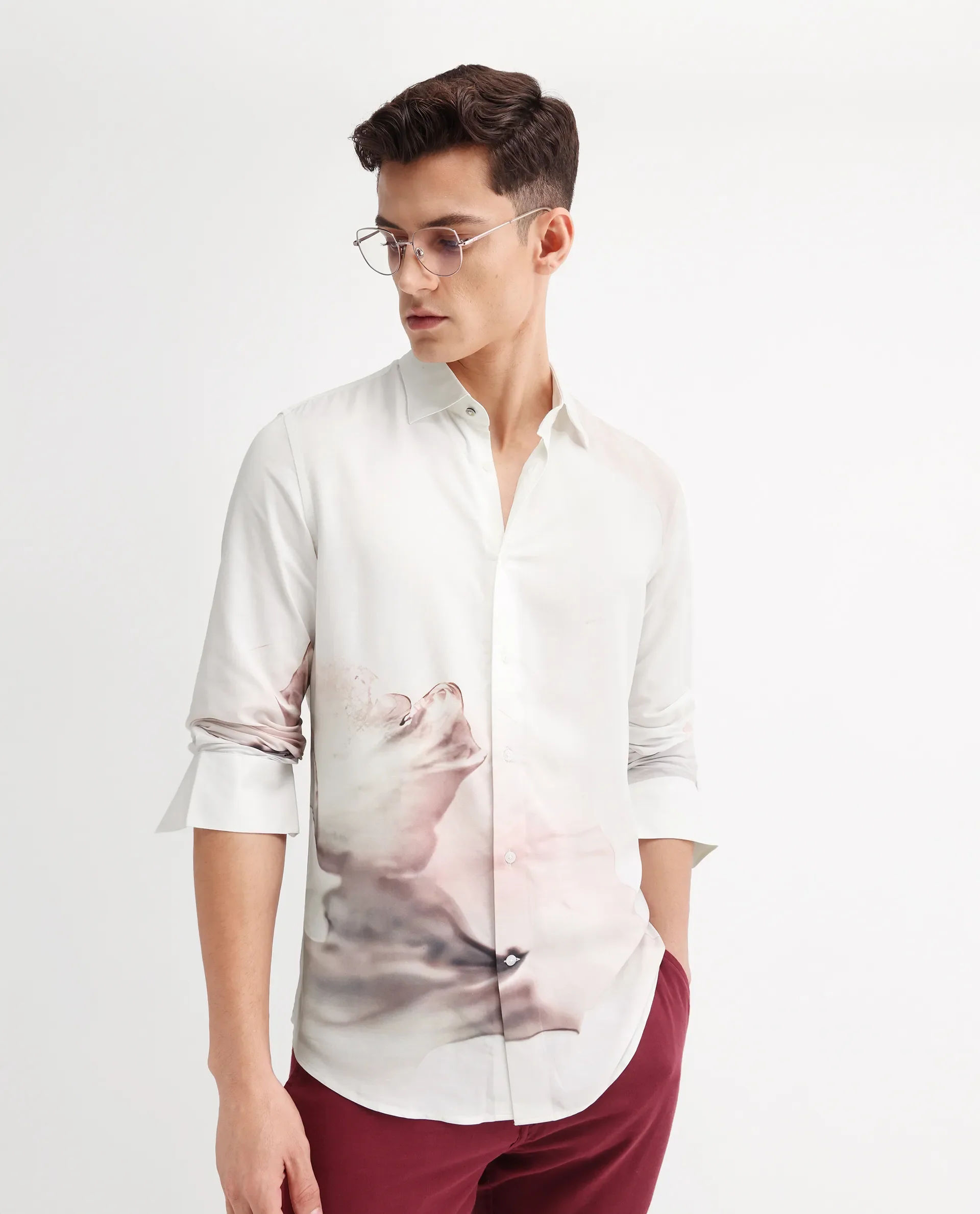 Rare Rabbit Men's Tavi White Viscose Floral Print Regular Fit Full Sleeve Collared Shirt