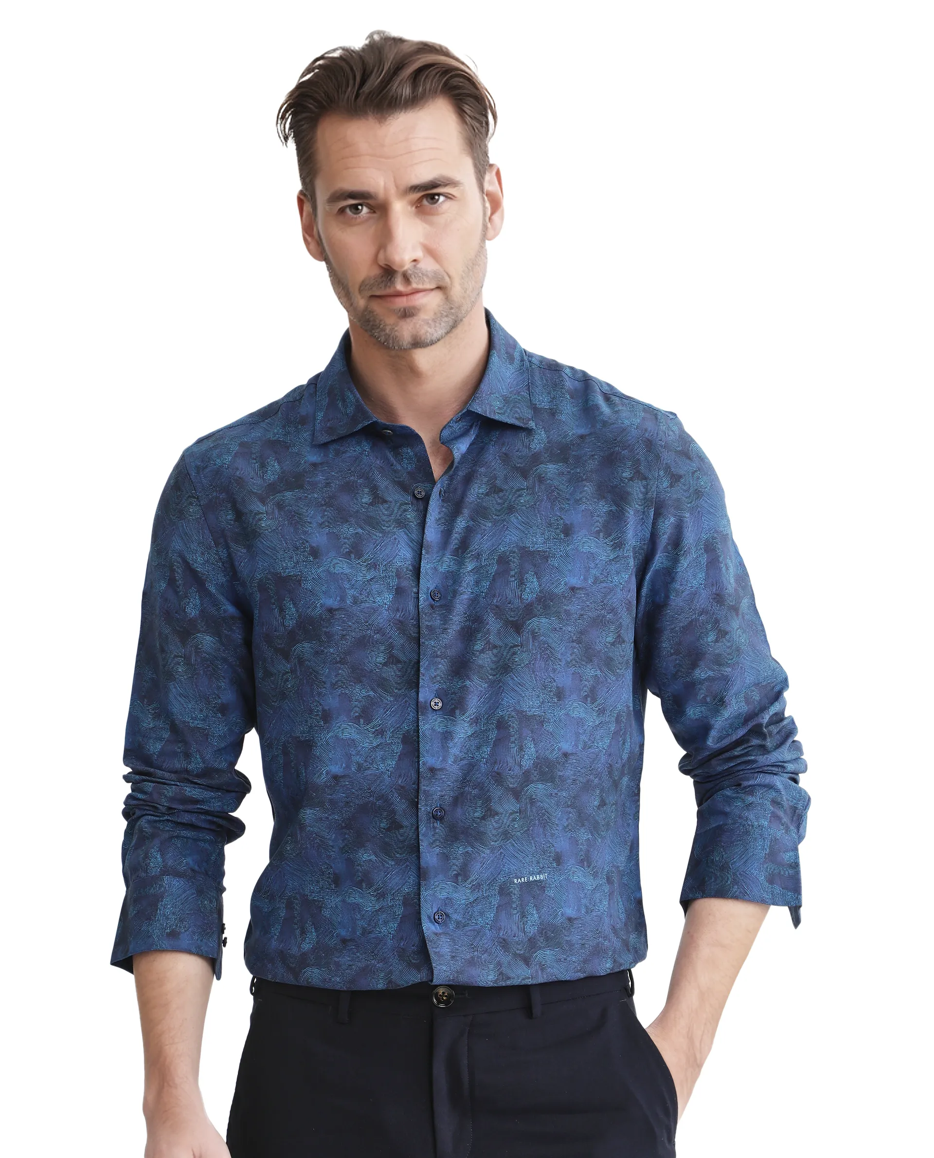 Rare Rabbit Men's Taylor Navy Abstract Print Boxy Fit Full Sleeve Collared Shirt