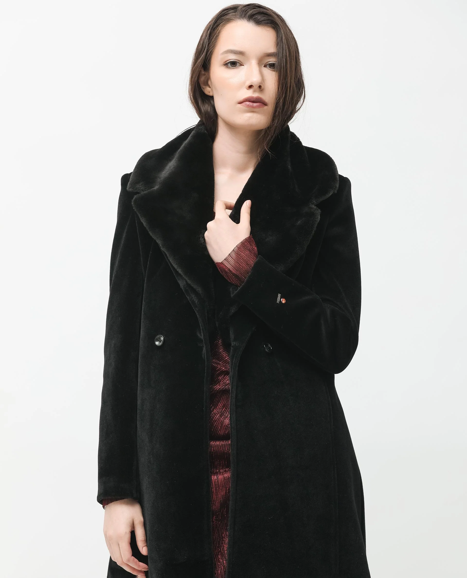 Rareism Women's Teich Black Polyester Lapel Neck Plain Knee Length Regular Fit Long Coat