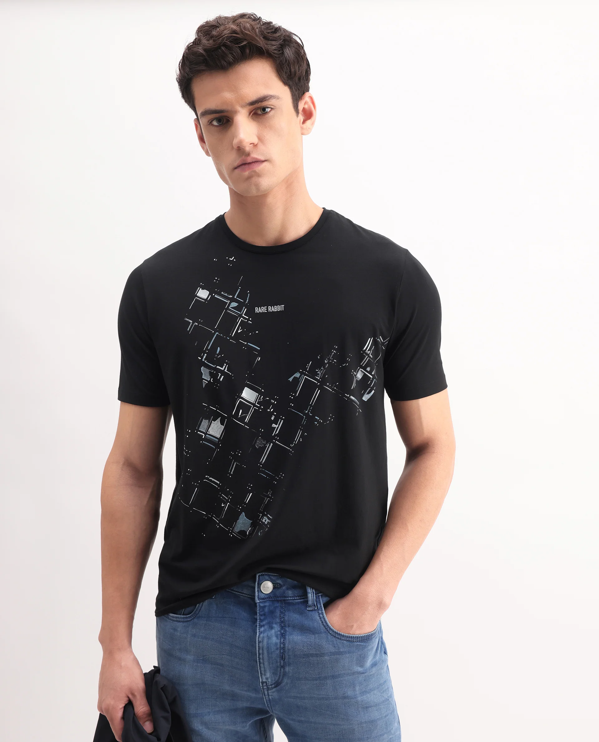 Rare Rabbit Men's Tene Black Cotton Blend Graphic Print Regular Fit Half Sleeve Crew Neck T-Shirt