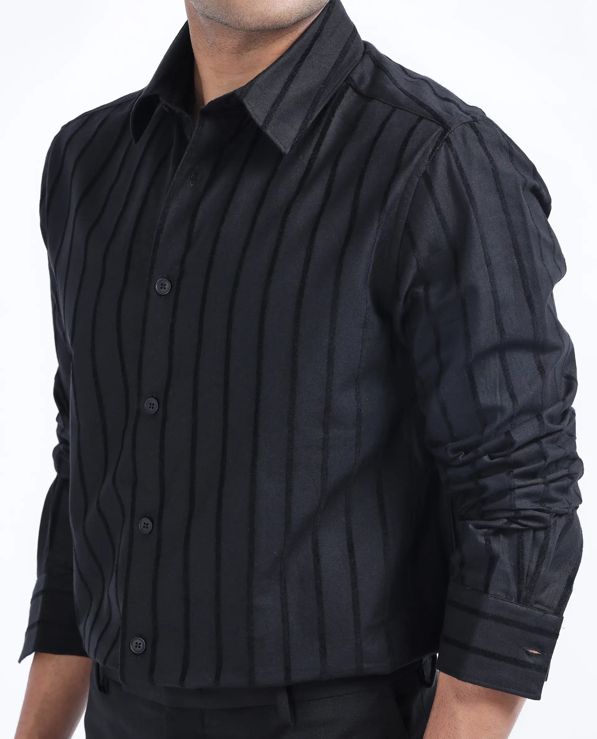 Rare Rabbit Men's Tener Black Cotton Striped Print Regular Fit Full Sleeve Collared Shirt - Image 3