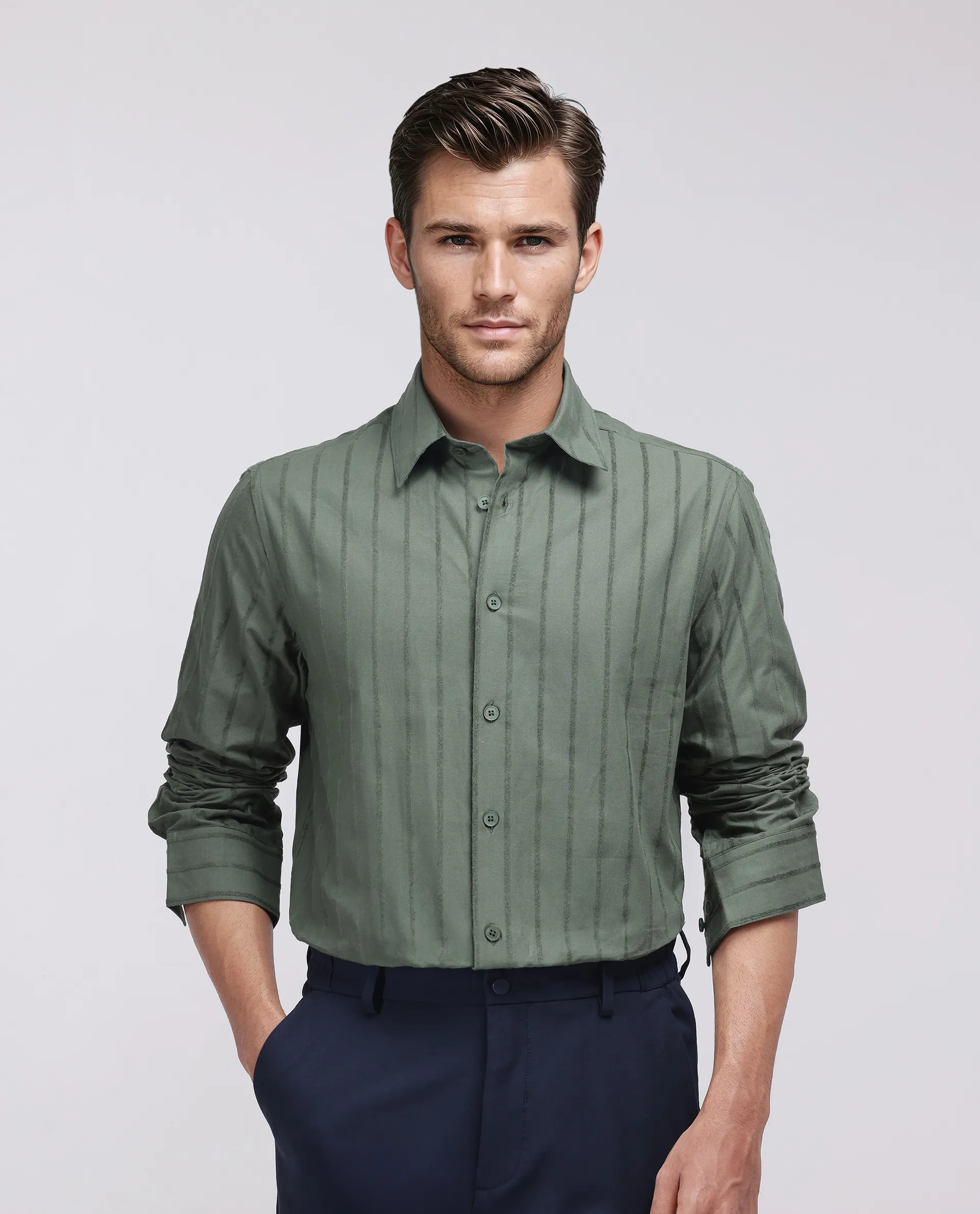 Rare Rabbit Men's Tener Dark Green Cotton Striped Print Relaxed Fit Full Sleeve Collared Shirt