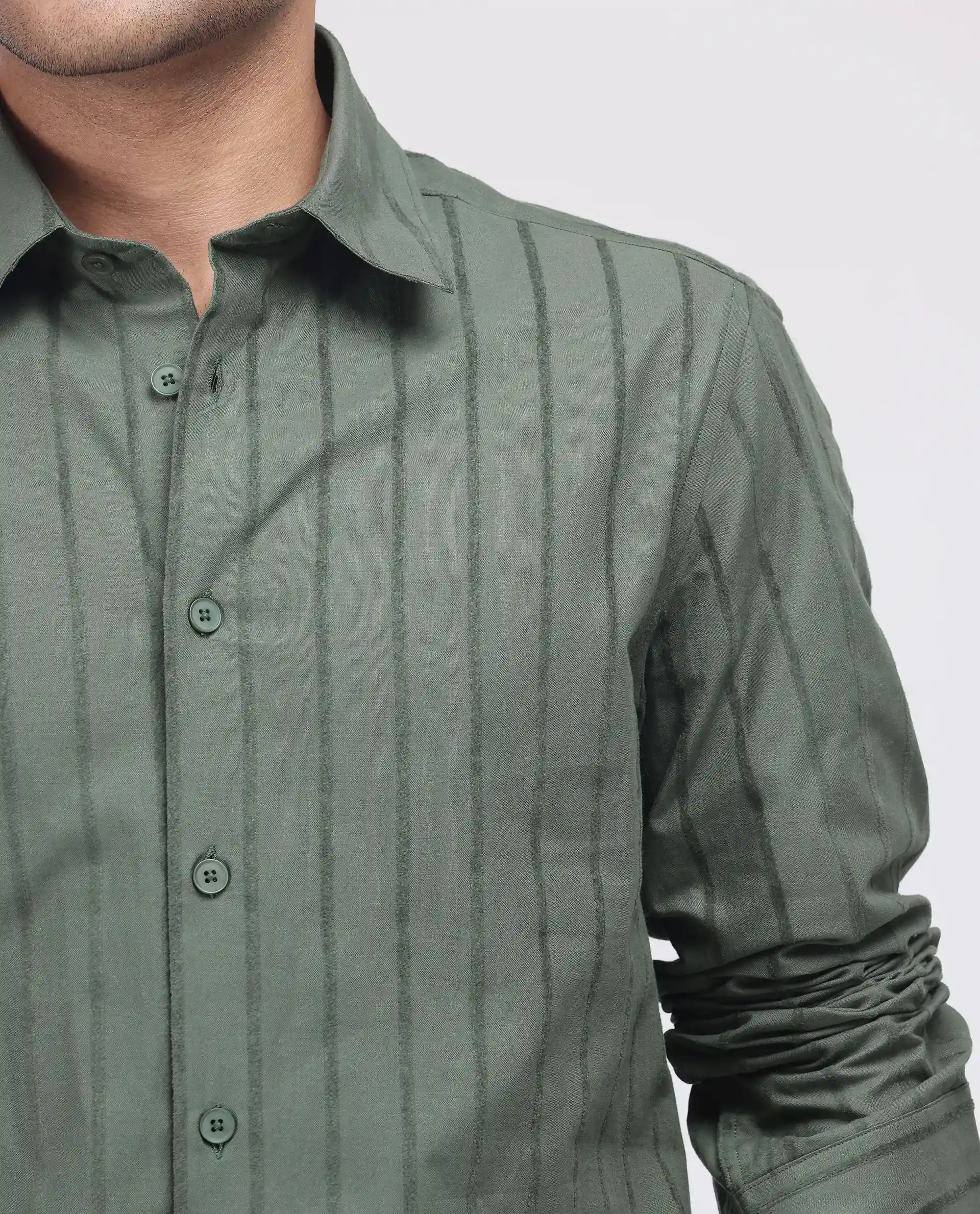 Rare Rabbit Men's Tener Dark Green Cotton Striped Print Relaxed Fit Full Sleeve Collared Shirt - Image 3