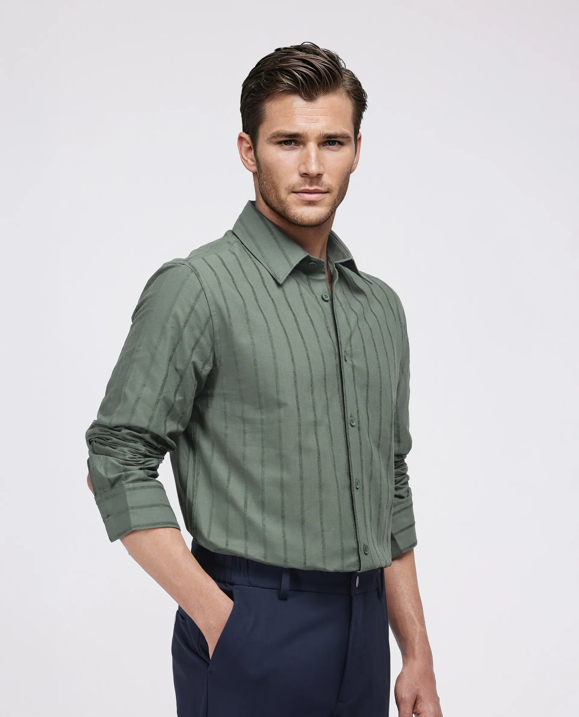 Rare Rabbit Men's Tener Dark Green Cotton Striped Print Relaxed Fit Full Sleeve Collared Shirt - Image 5