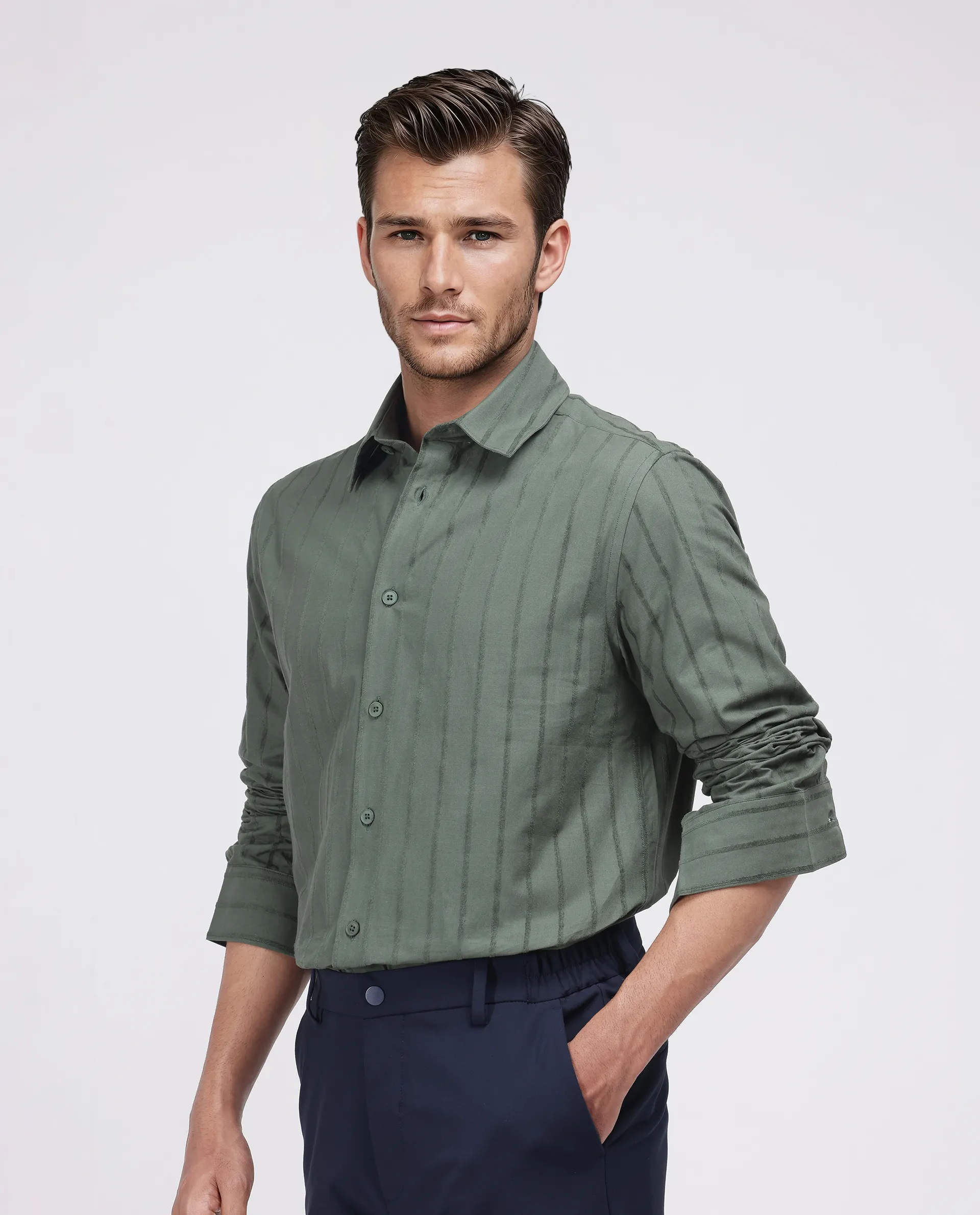 Rare Rabbit Men's Tener Dark Green Cotton Striped Print Relaxed Fit Full Sleeve Collared Shirt - Image 6