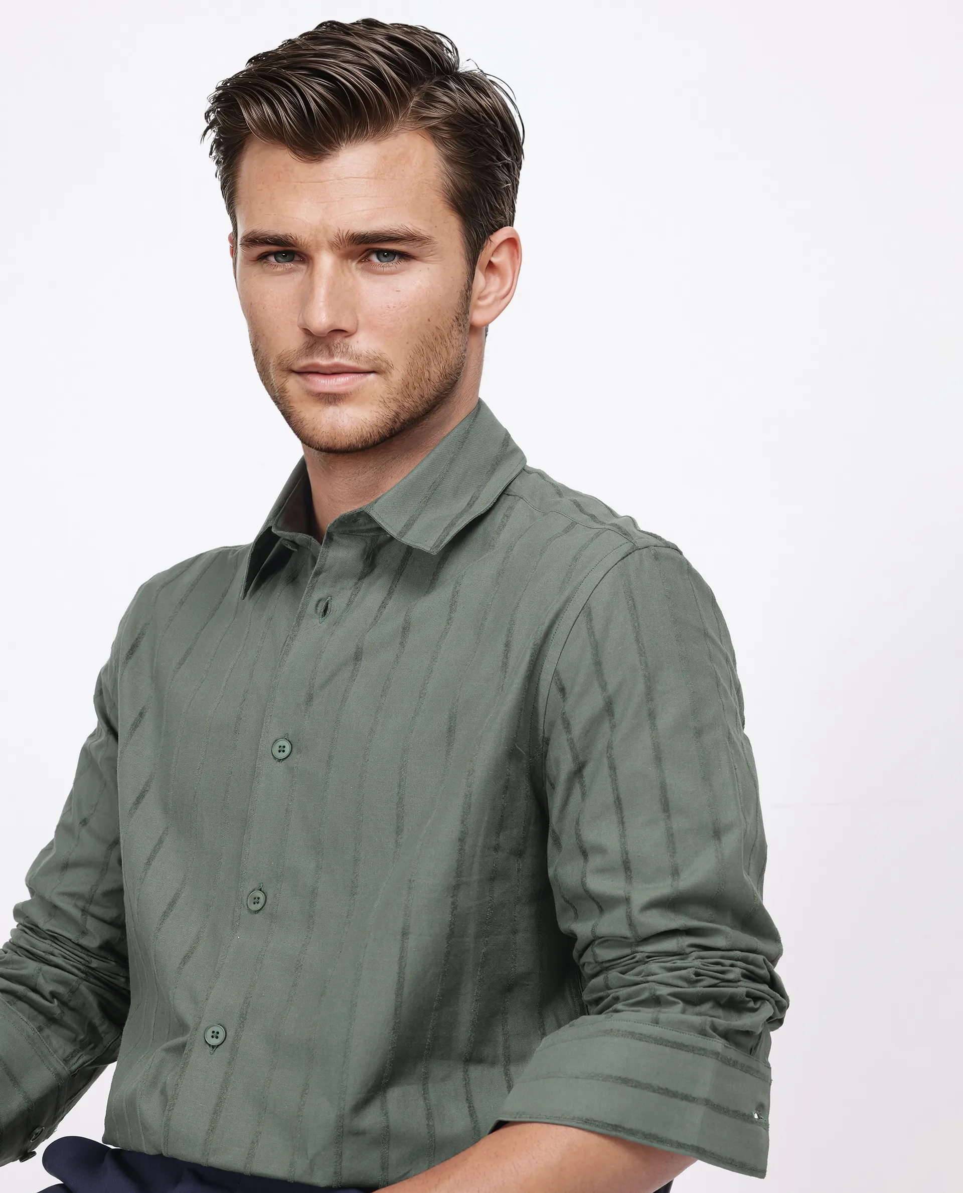 Rare Rabbit Men's Tener Dark Green Cotton Striped Print Relaxed Fit Full Sleeve Collared Shirt - Image 8