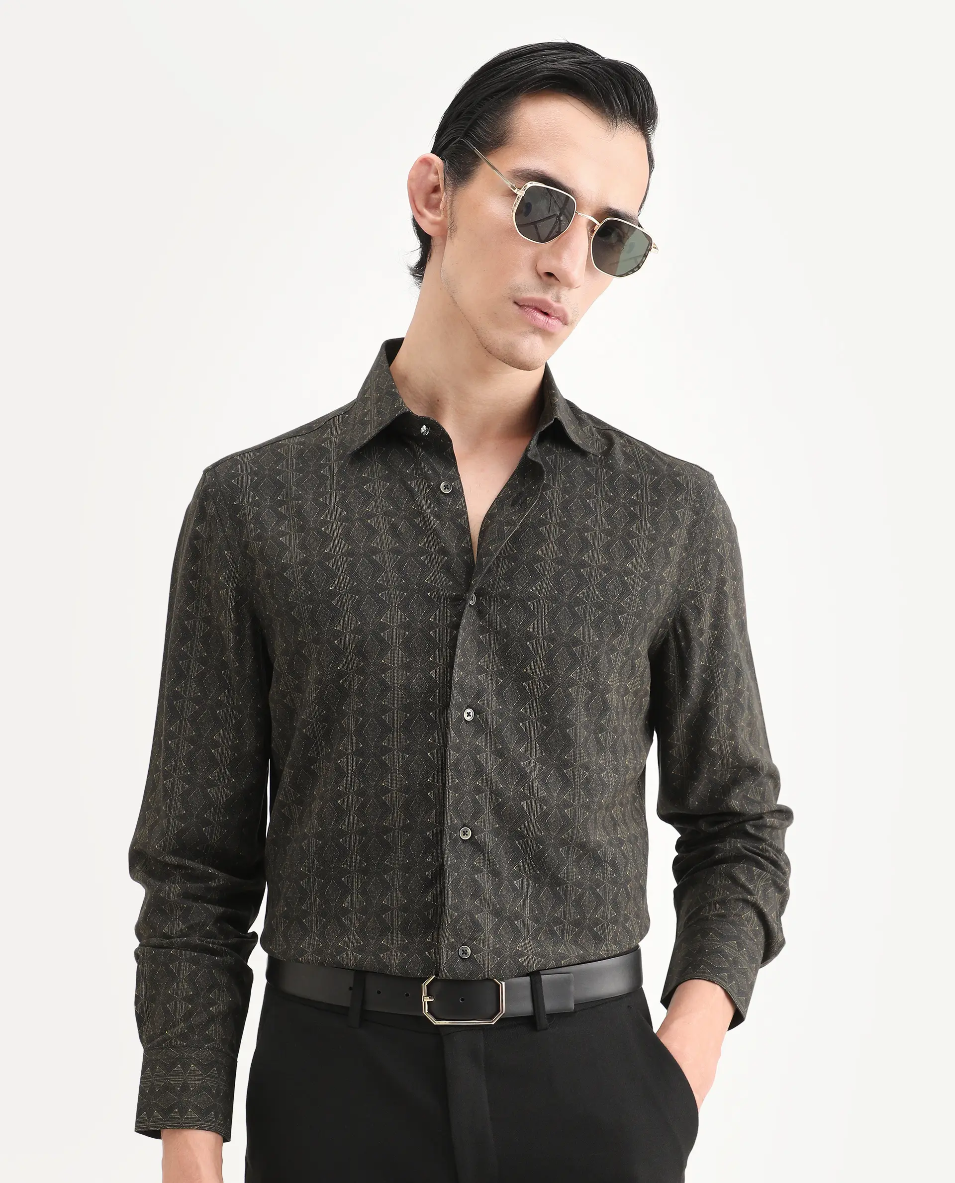 Rare Rabbit Men's Terk-L Black Viscose Fabric Full Sleeve Spread Collar Regular Fit Geometric Print Shirt