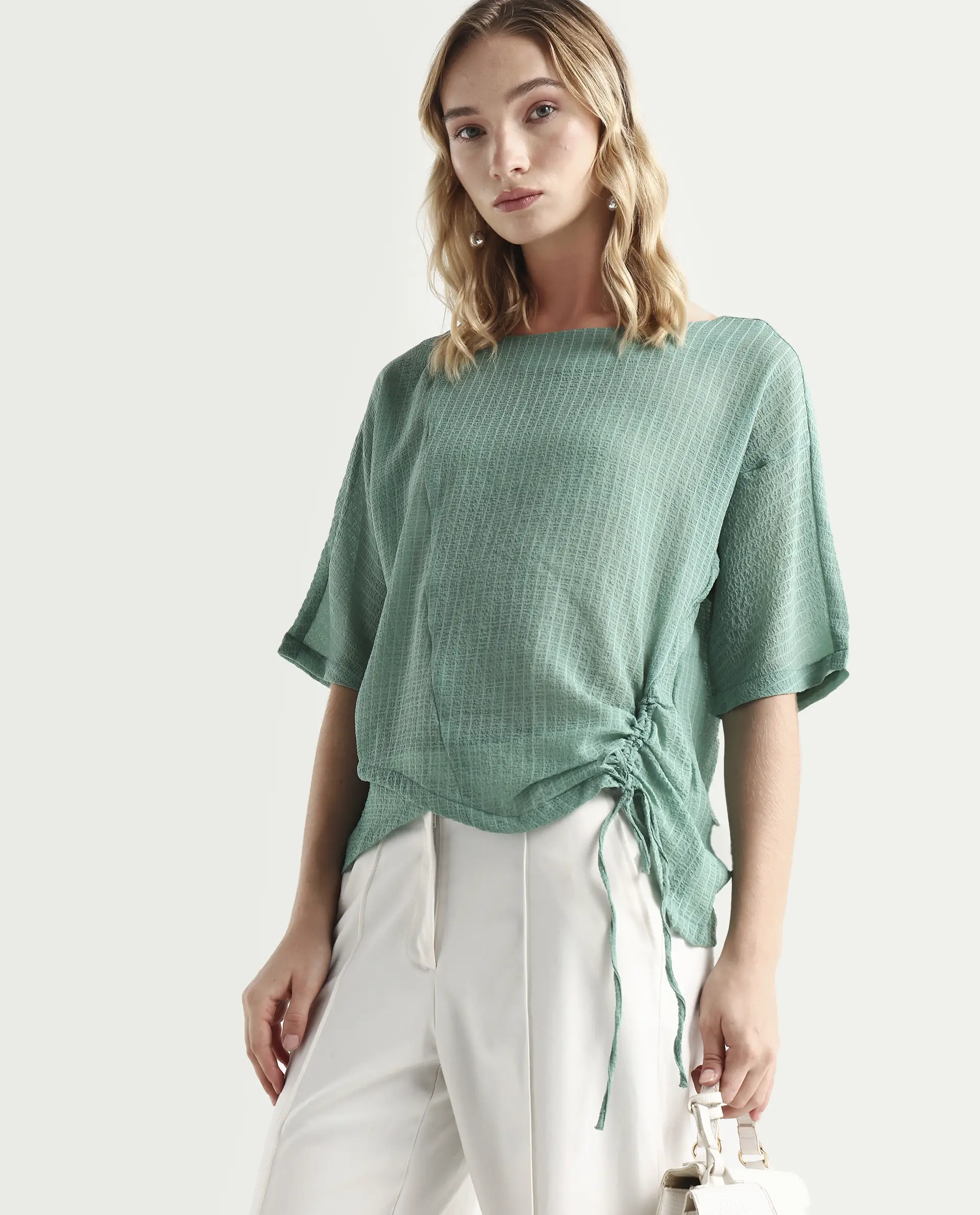 Rareism Women's Texmer Green Cotton Boat Neck Plain Regular Fit Top