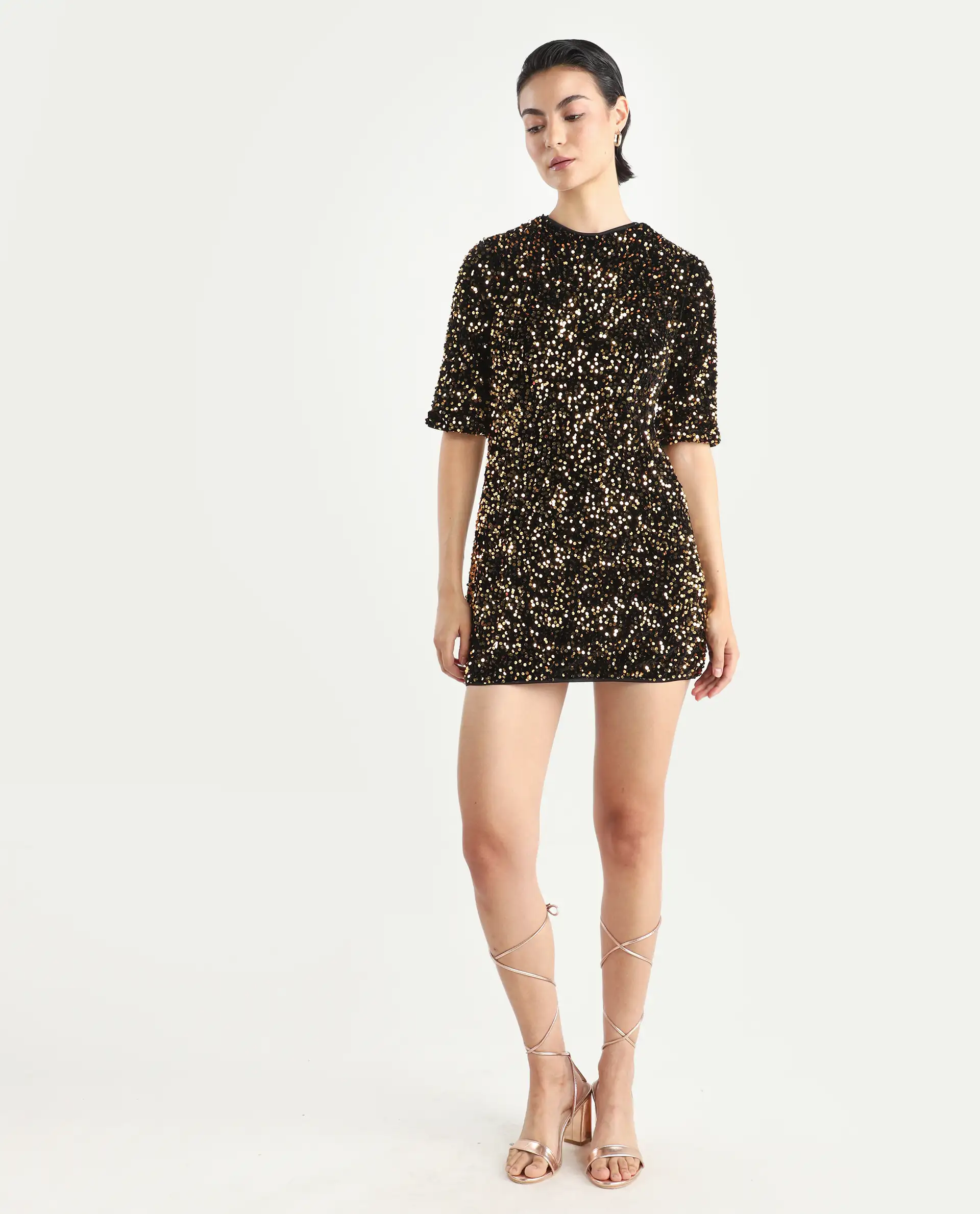 Rareism Women's Tiana Sheen Gold Polyester Crew Neck Sequined Mini A-Line Dress - Image 2
