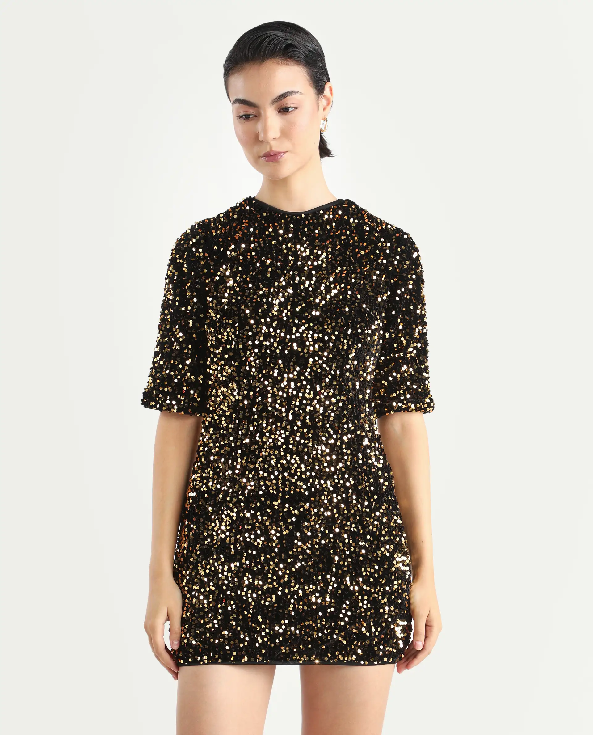 Rareism Women's Tiana Sheen Gold Polyester Crew Neck Sequined Mini A-Line Dress - Image 3