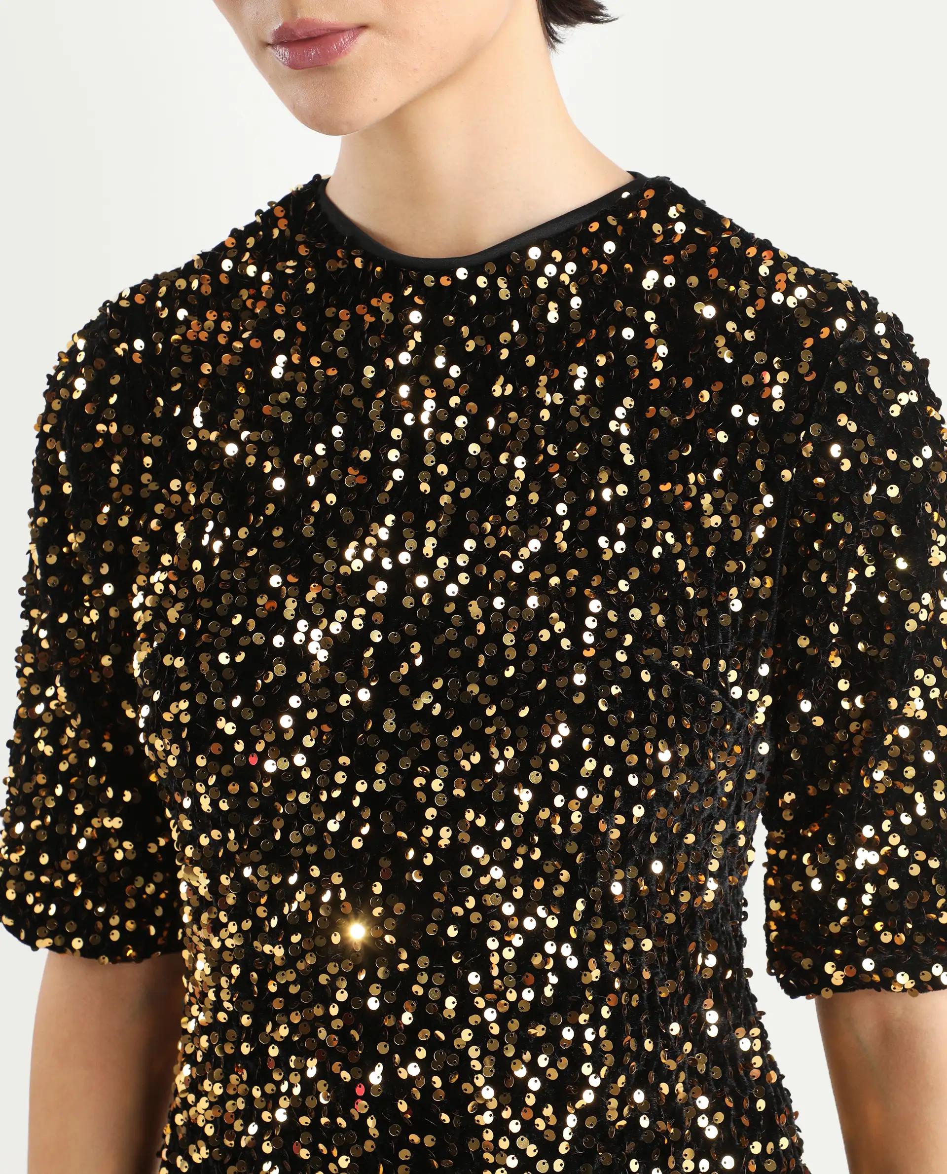 Rareism Women's Tiana Sheen Gold Polyester Crew Neck Sequined Mini A-Line Dress - Image 4
