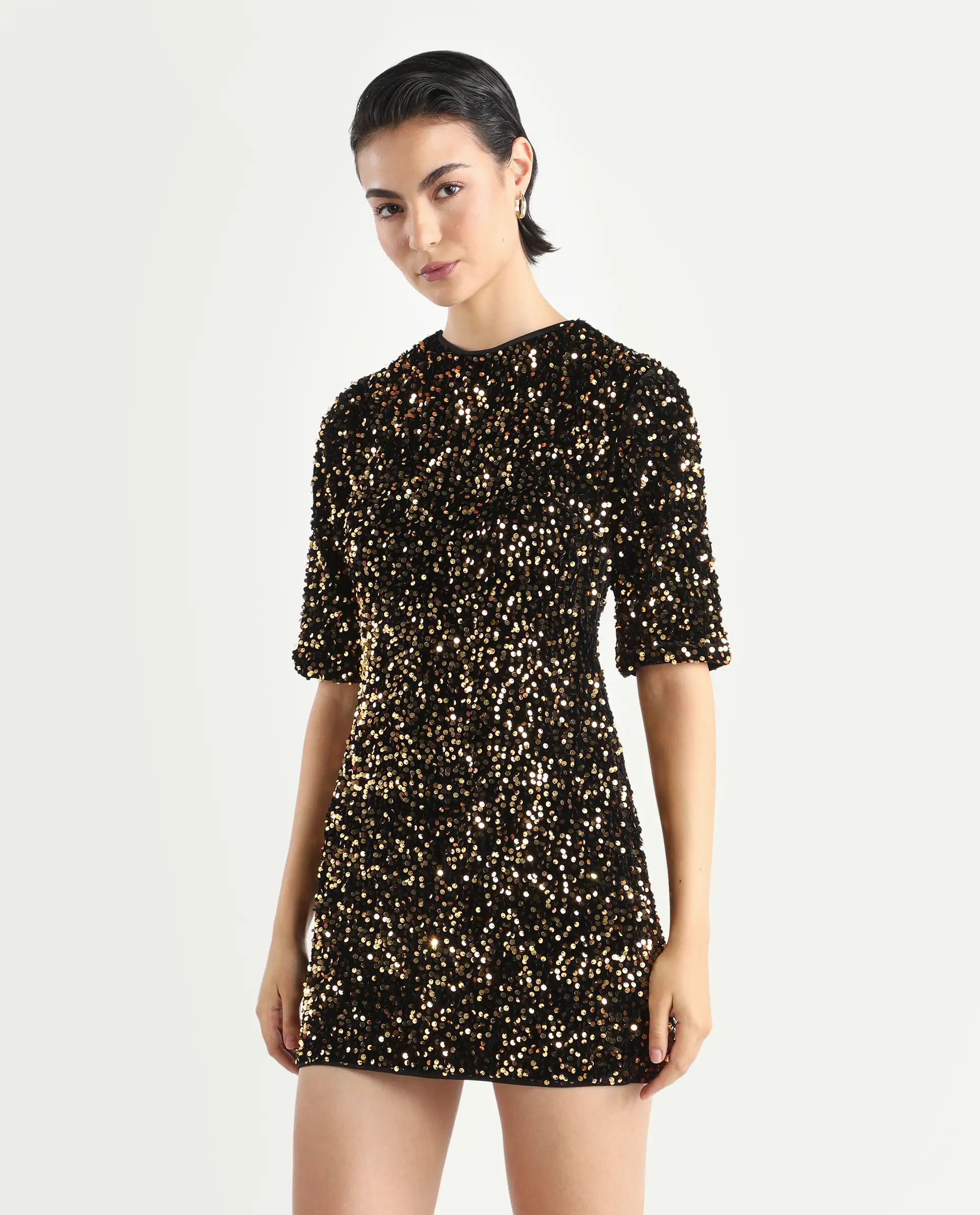Rareism Women's Tiana Sheen Gold Polyester Crew Neck Sequined Mini A-Line Dress - Image 5