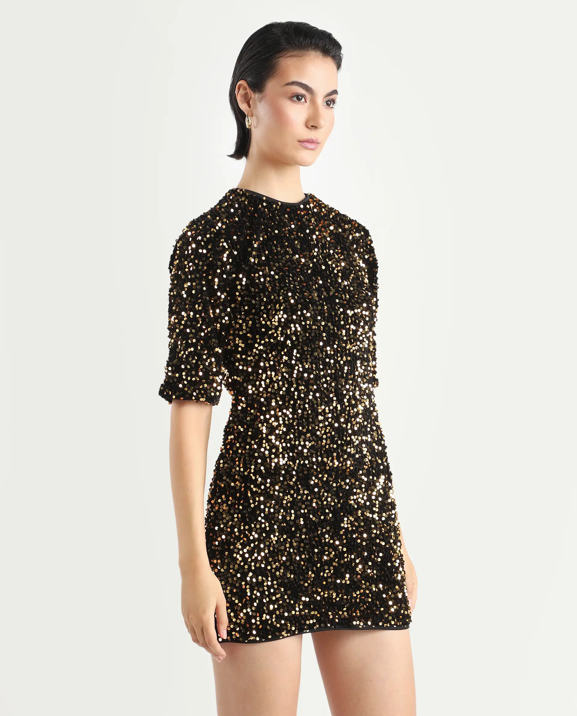 Rareism Women's Tiana Sheen Gold Polyester Crew Neck Sequined Mini A-Line Dress - Image 6