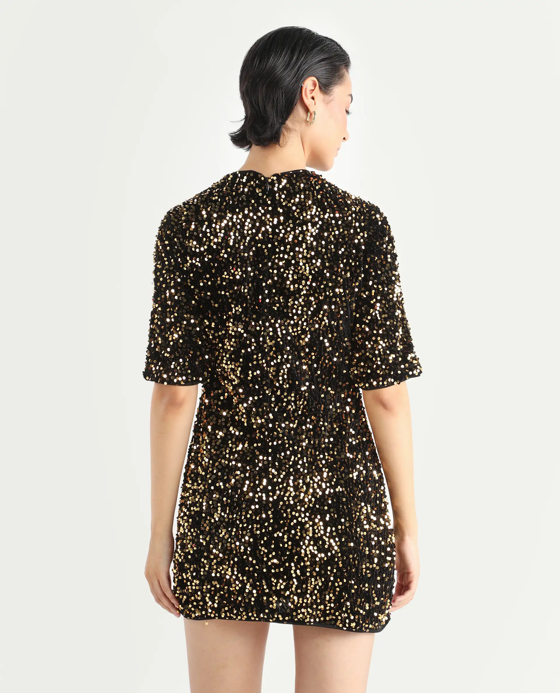 Rareism Women's Tiana Sheen Gold Polyester Crew Neck Sequined Mini A-Line Dress - Image 7