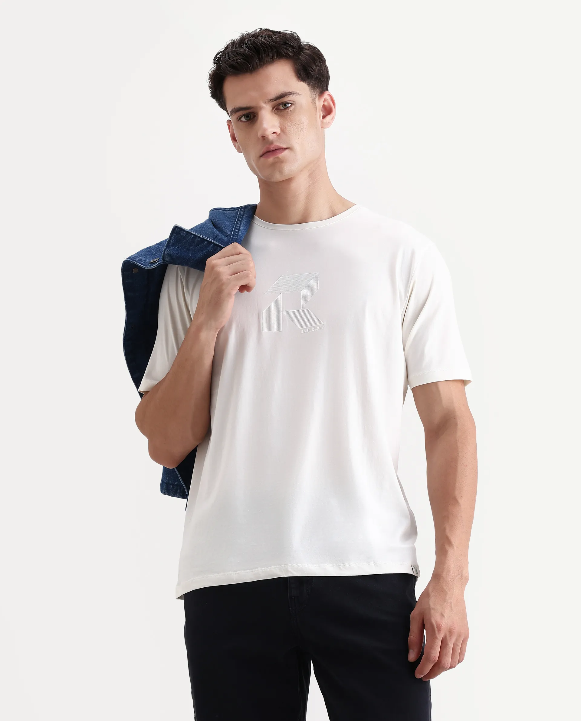 Rare Rabbit Men's Tibo Off White Cotton Blend Graphic Print Regular Fit Half Sleeve Crew Neck T-Shirt