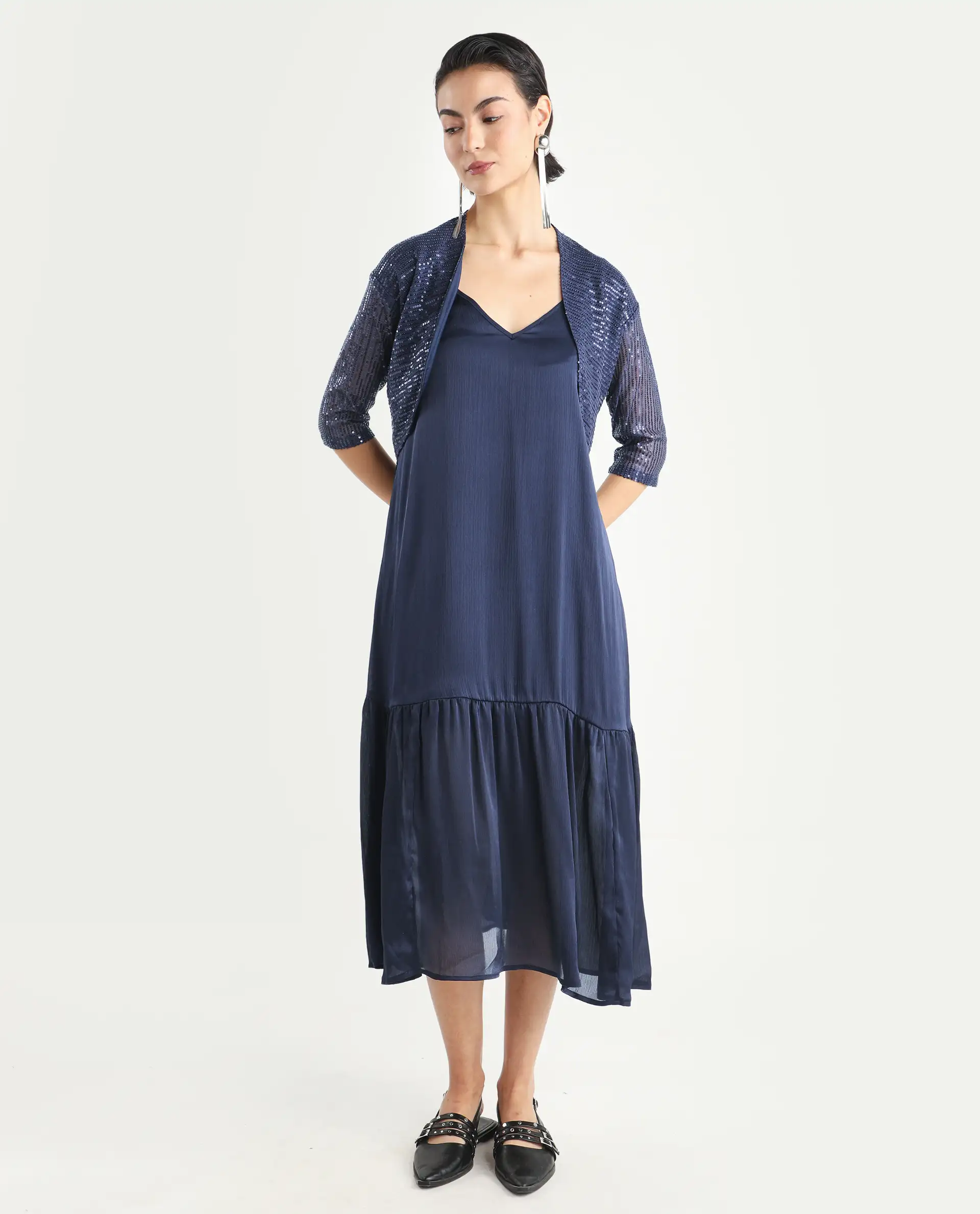 Rareism Women's Tint Navy Polyester V-Neck Plain Shoulder Strap Knee Length Regular Fit Dress - Image 2