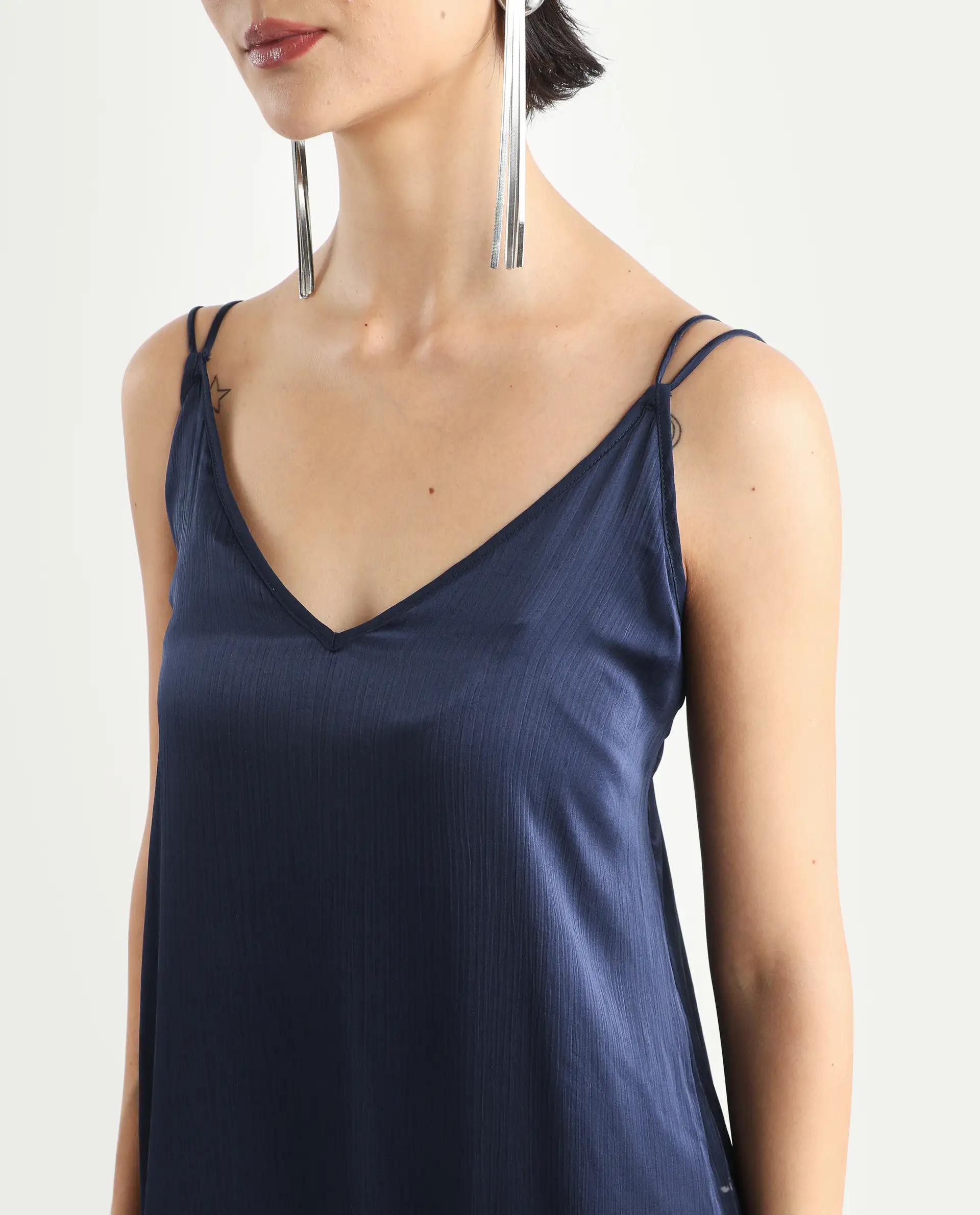Rareism Women's Tint Navy Polyester V-Neck Plain Shoulder Strap Knee Length Regular Fit Dress - Image 5