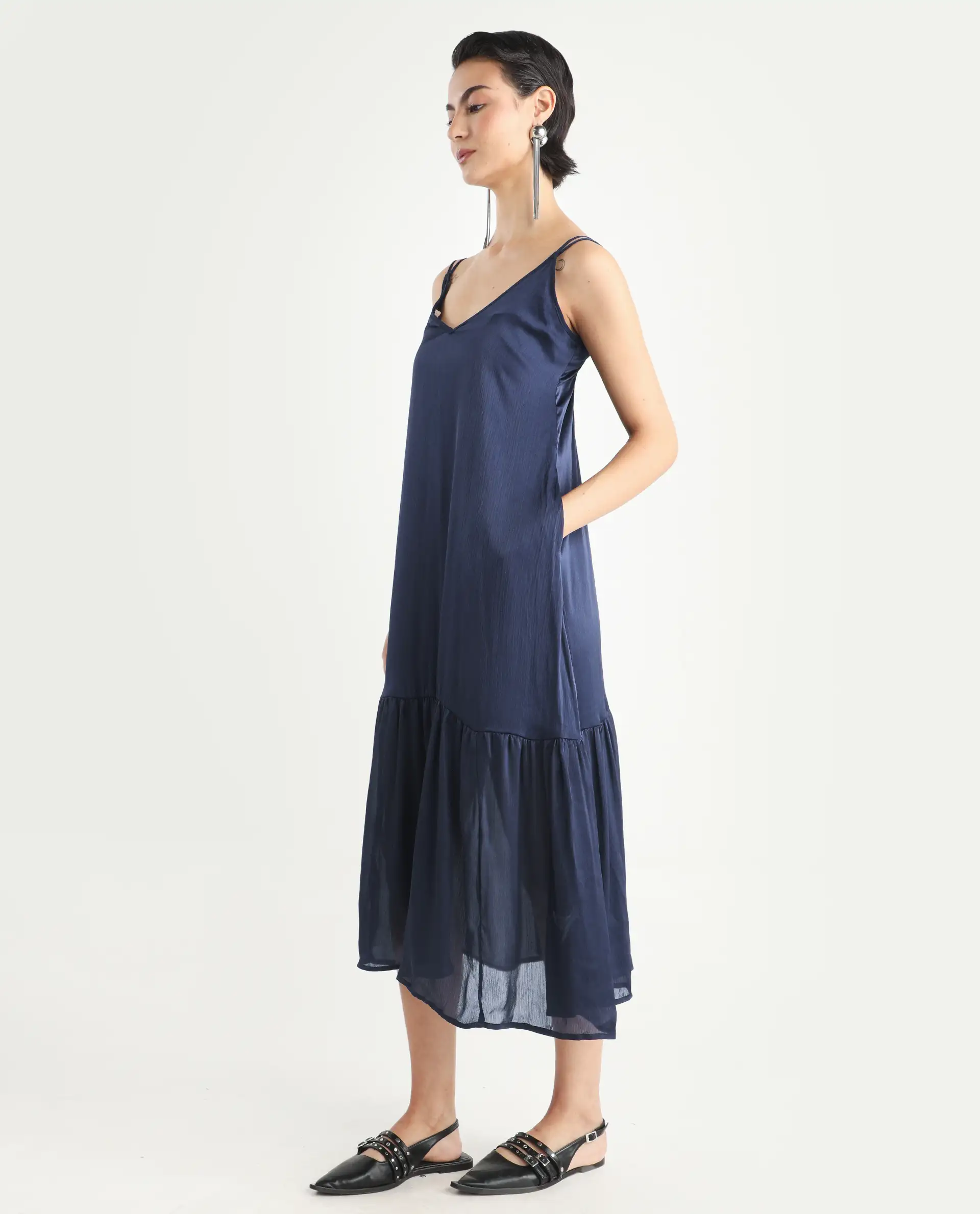 Rareism Women's Tint Navy Polyester V-Neck Plain Shoulder Strap Knee Length Regular Fit Dress - Image 6