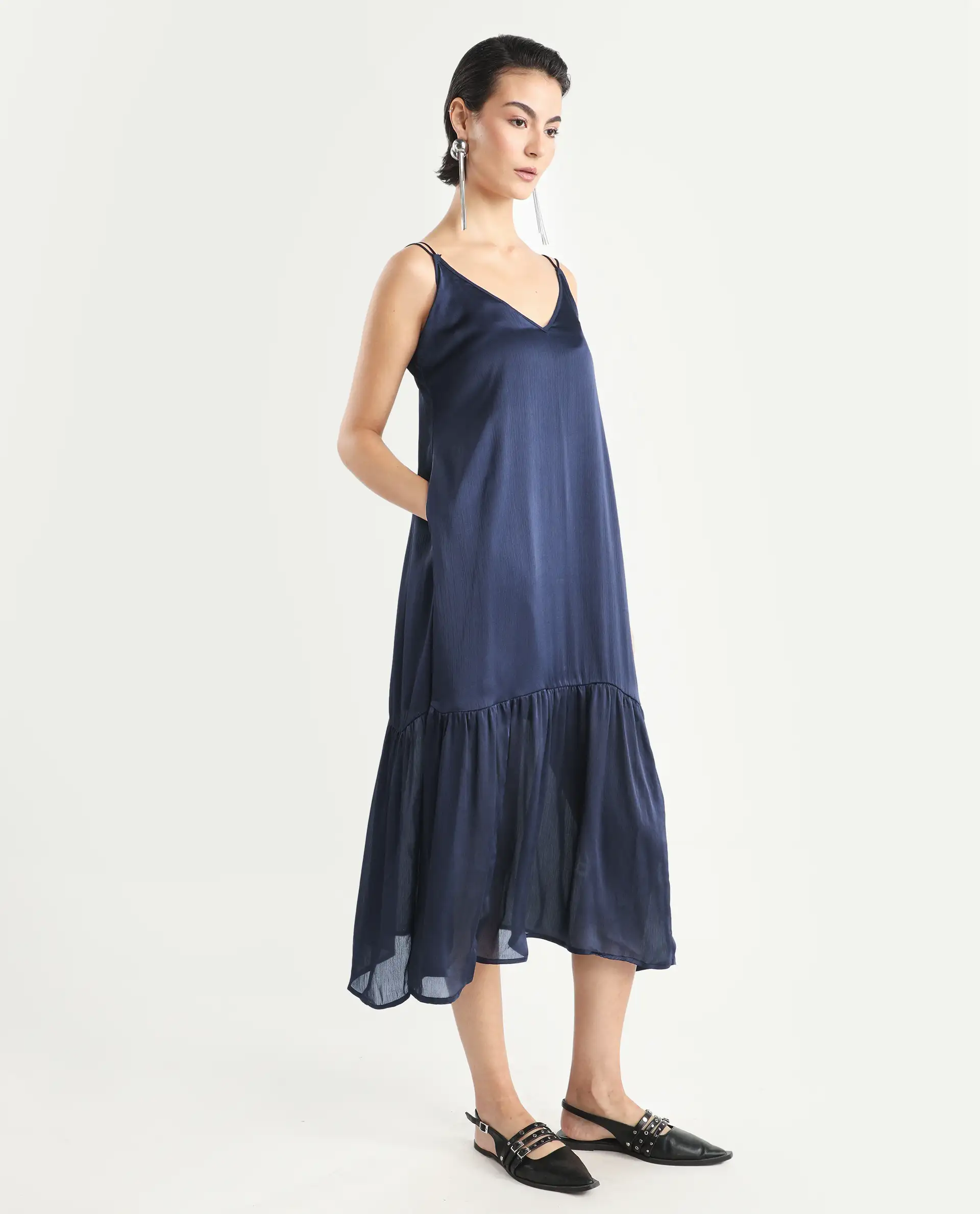 Rareism Women's Tint Navy Polyester V-Neck Plain Shoulder Strap Knee Length Regular Fit Dress - Image 7