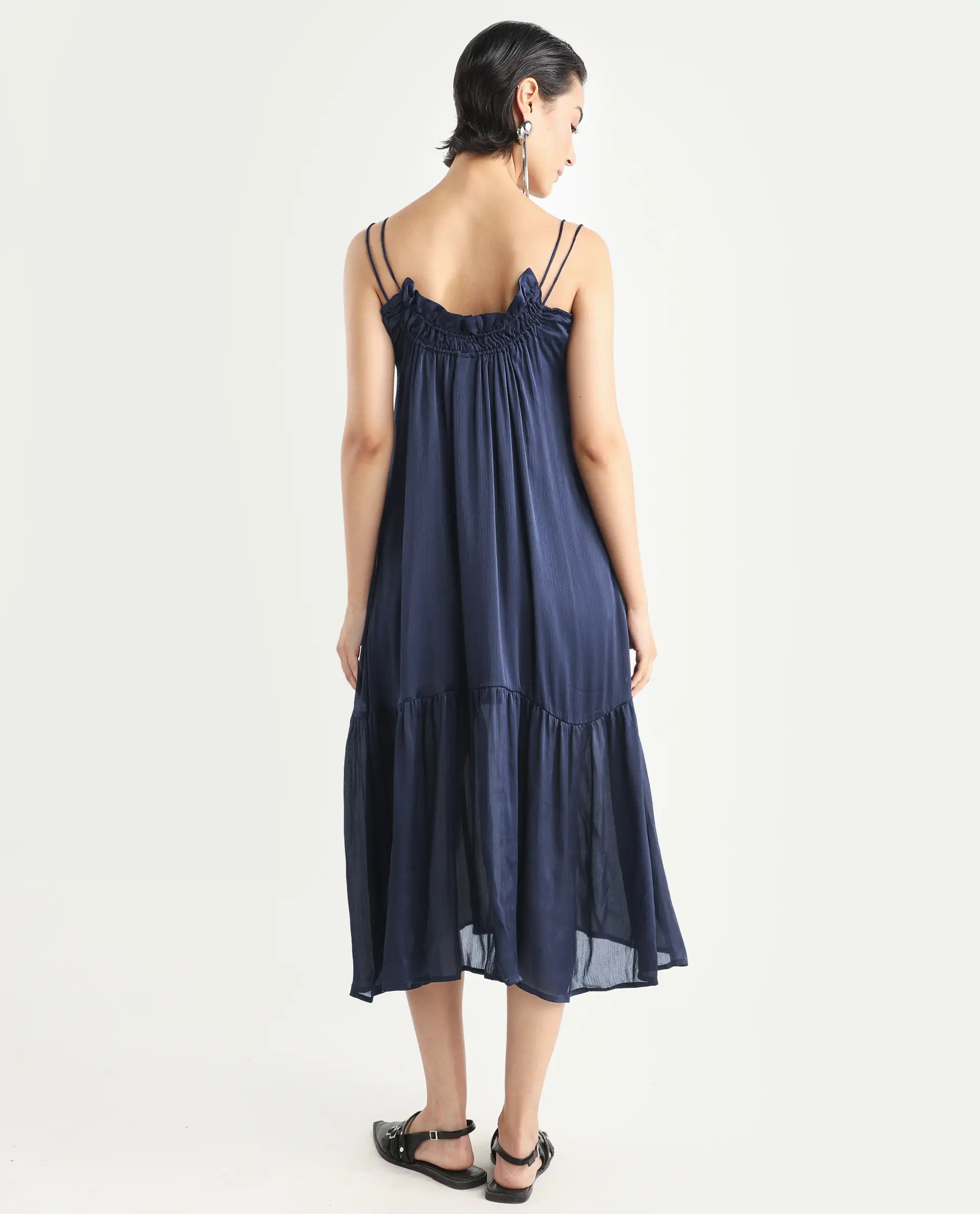 Rareism Women's Tint Navy Polyester V-Neck Plain Shoulder Strap Knee Length Regular Fit Dress - Image 8