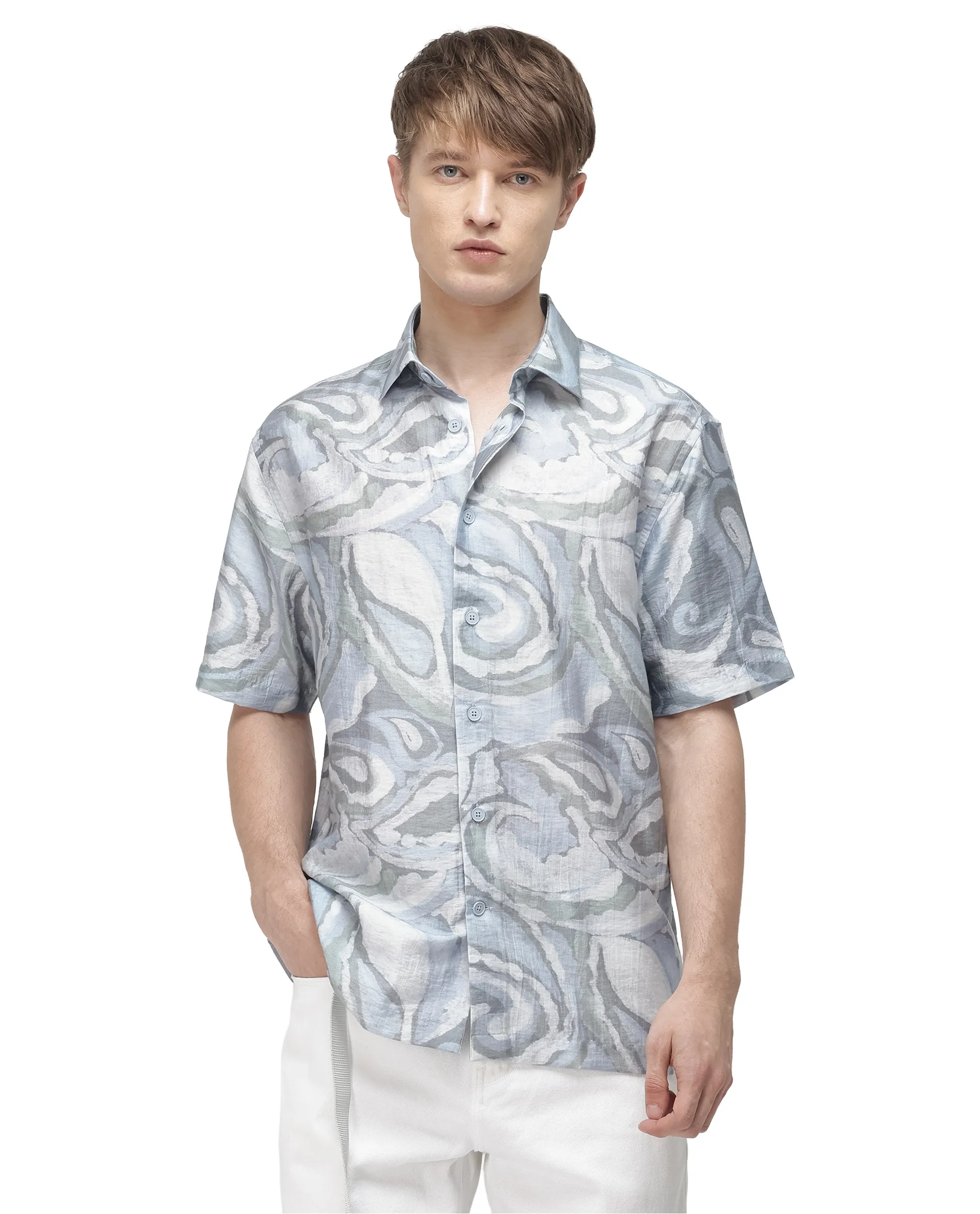Rare Rabbit Men's Tiro Dusky Green Tencel Floral Print Relaxed Fit Half Sleeve Collared Shirt - Image 4
