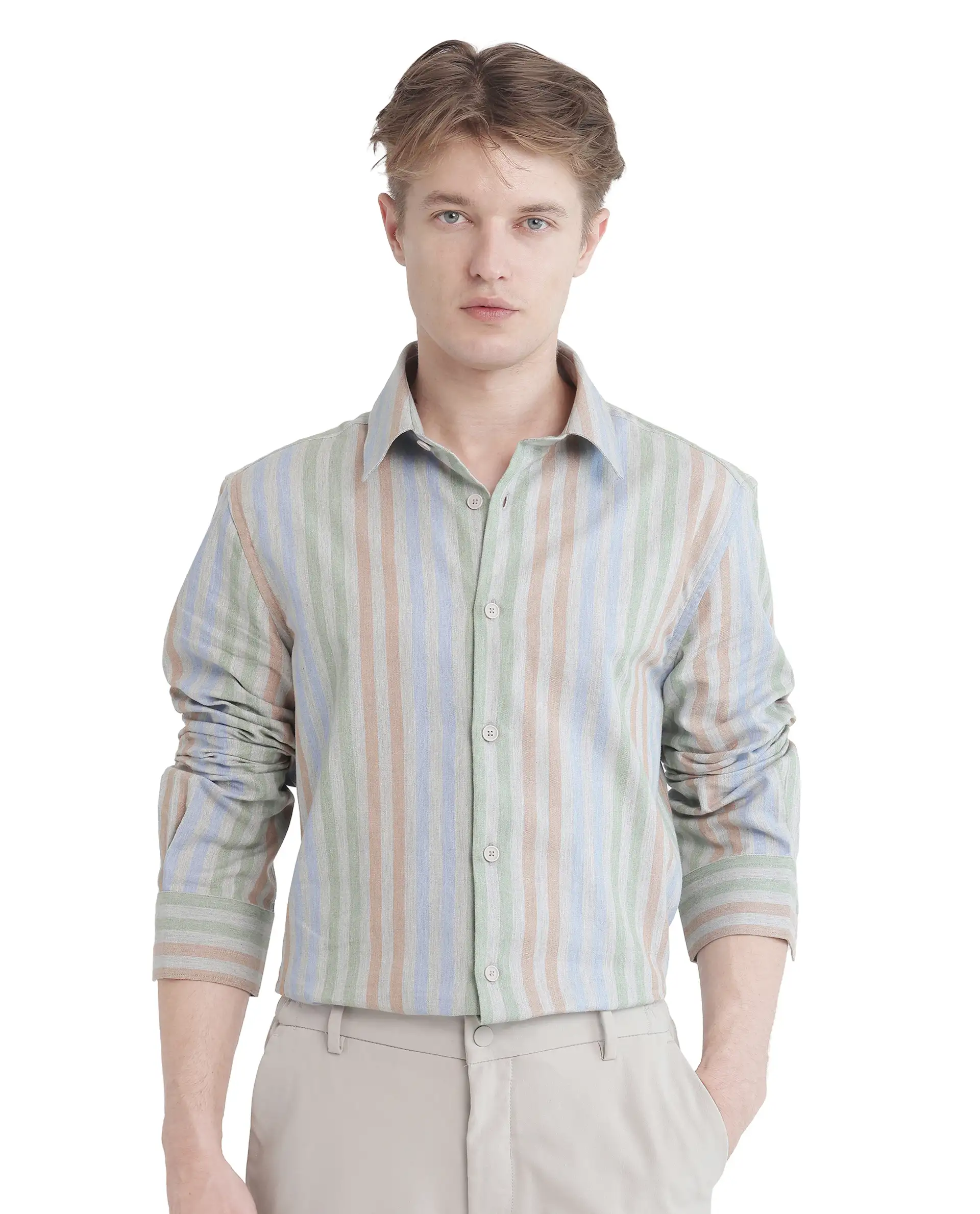 Rare Rabbit Men's Tock Grey Cotton Striped Print Regular Fit Full Sleeve Collared Shirt