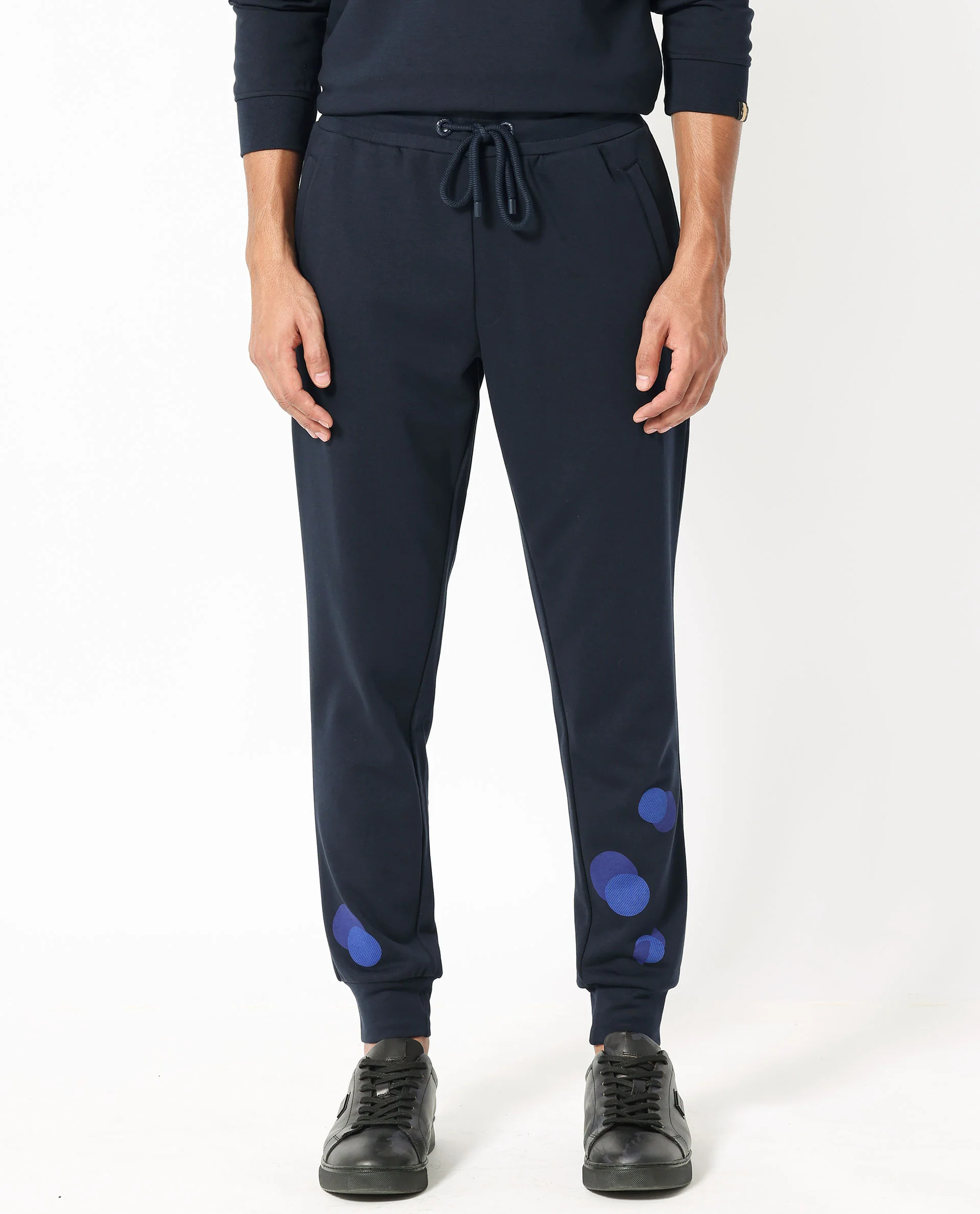 Rare Rabbit Men's Toka Navy Cotton Polka Print Regular Fit Joggers