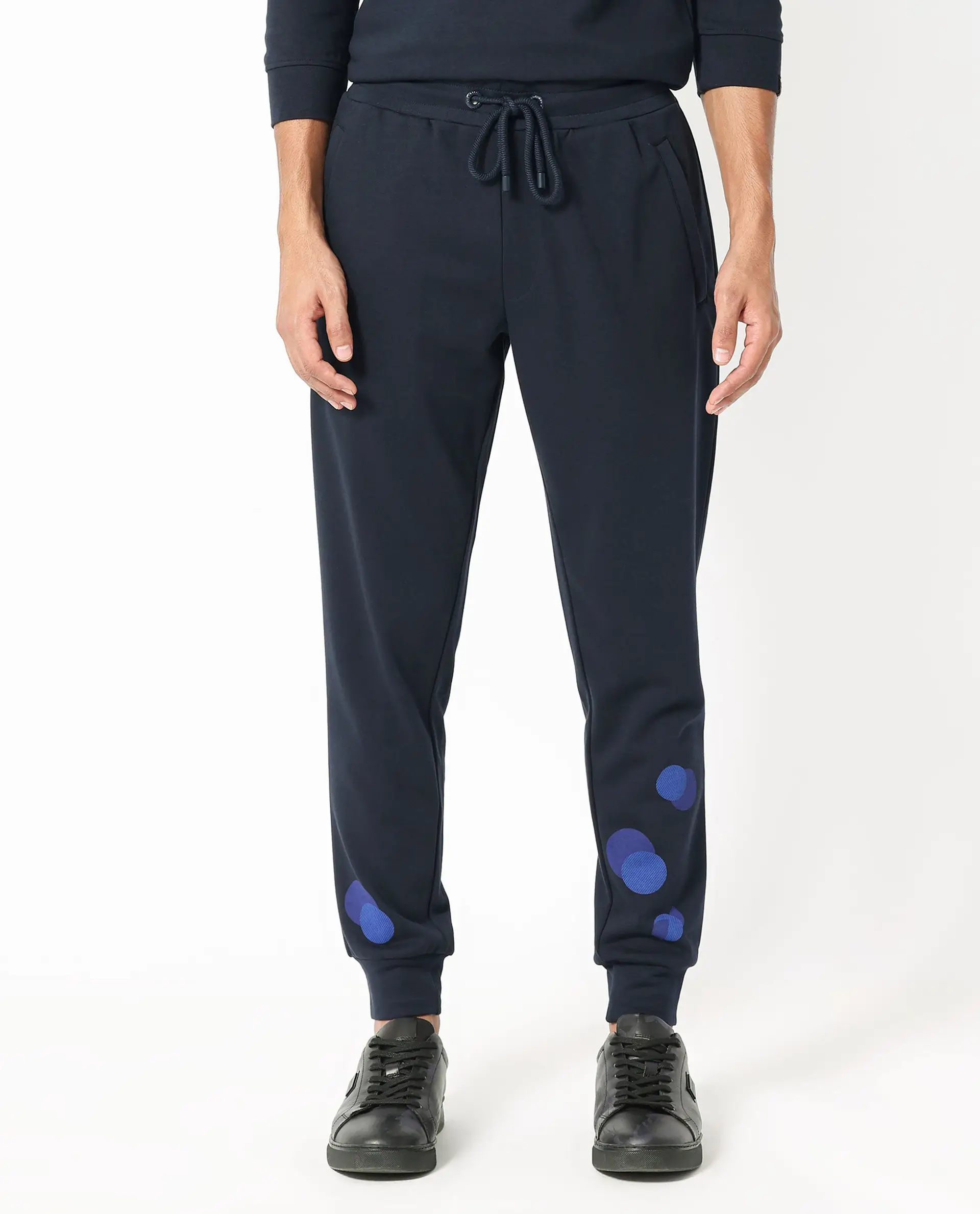 Rare Rabbit Men's Toka Navy Cotton Polka Print Regular Fit Joggers - Image 13