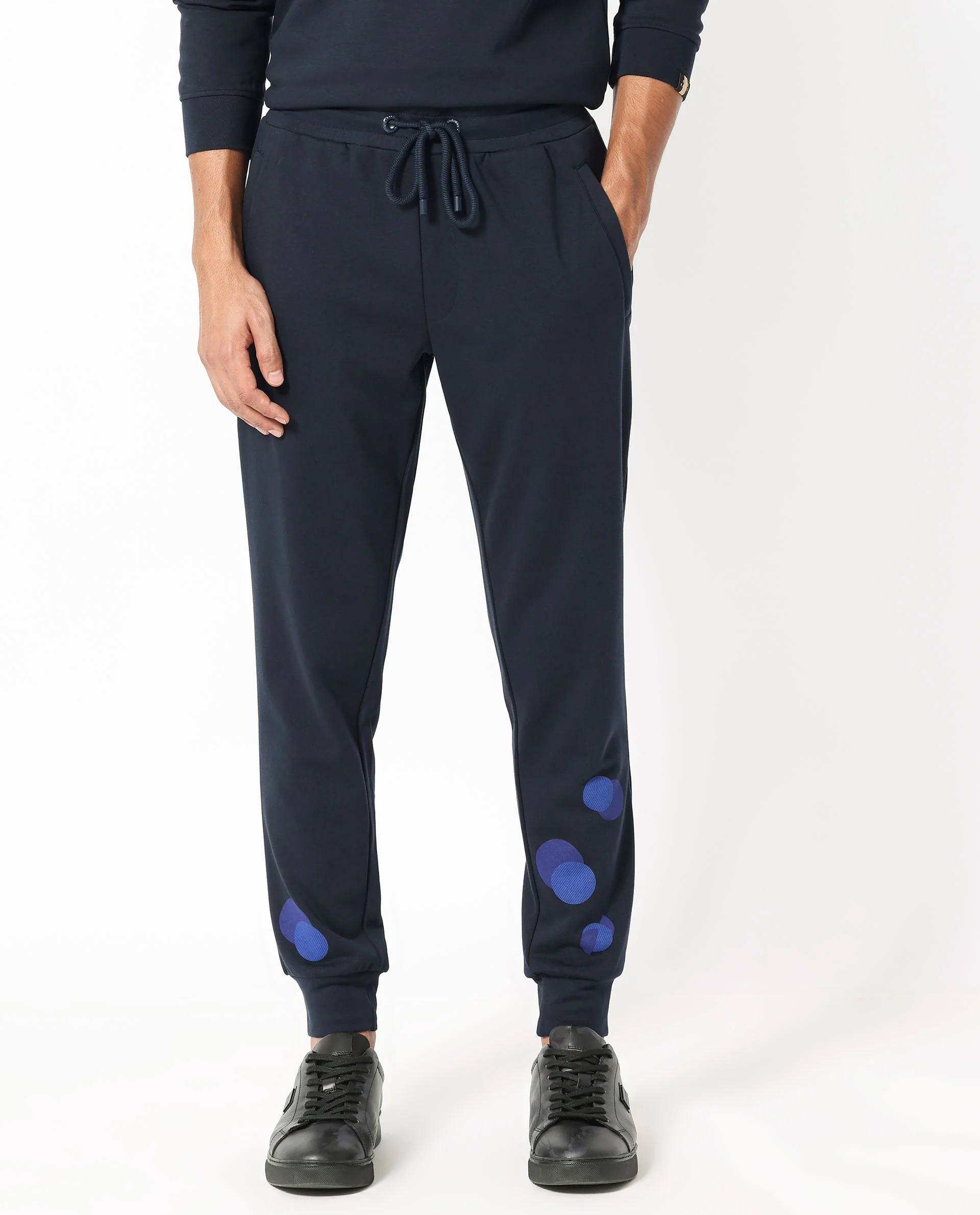 Rare Rabbit Men's Toka Navy Cotton Polka Print Regular Fit Joggers - Image 3