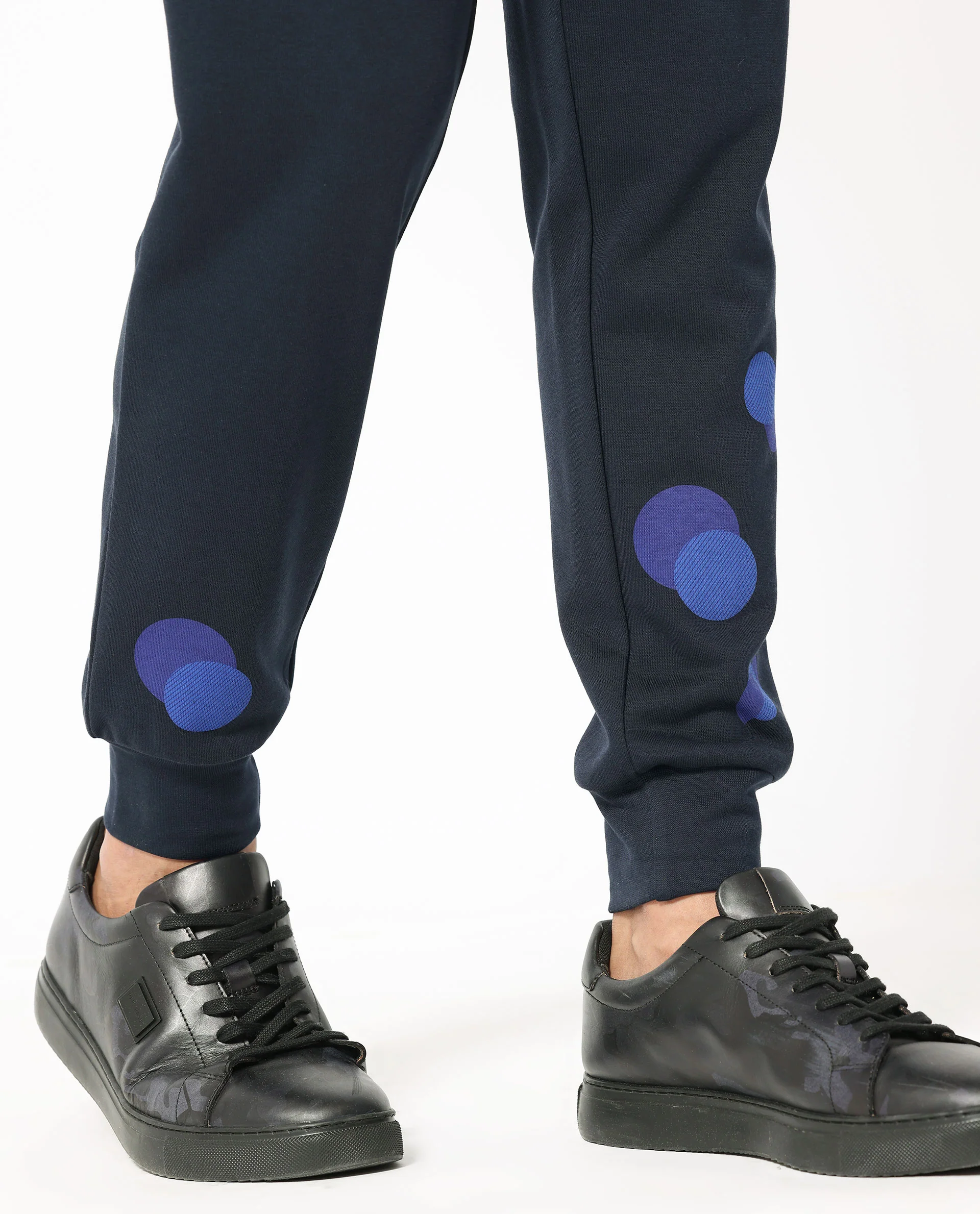 Rare Rabbit Men's Toka Navy Cotton Polka Print Regular Fit Joggers - Image 7