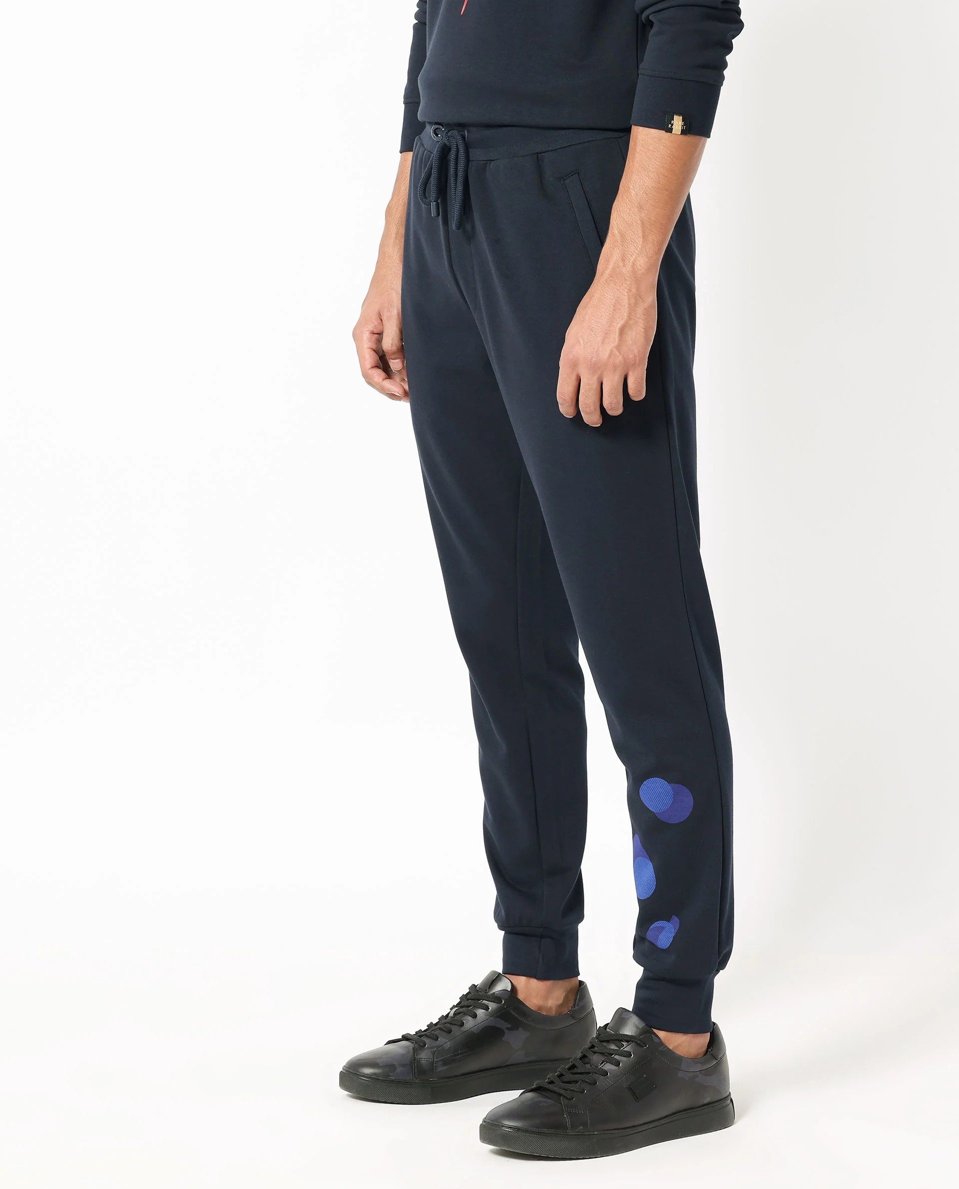 Rare Rabbit Men's Toka Navy Cotton Polka Print Regular Fit Joggers - Image 9