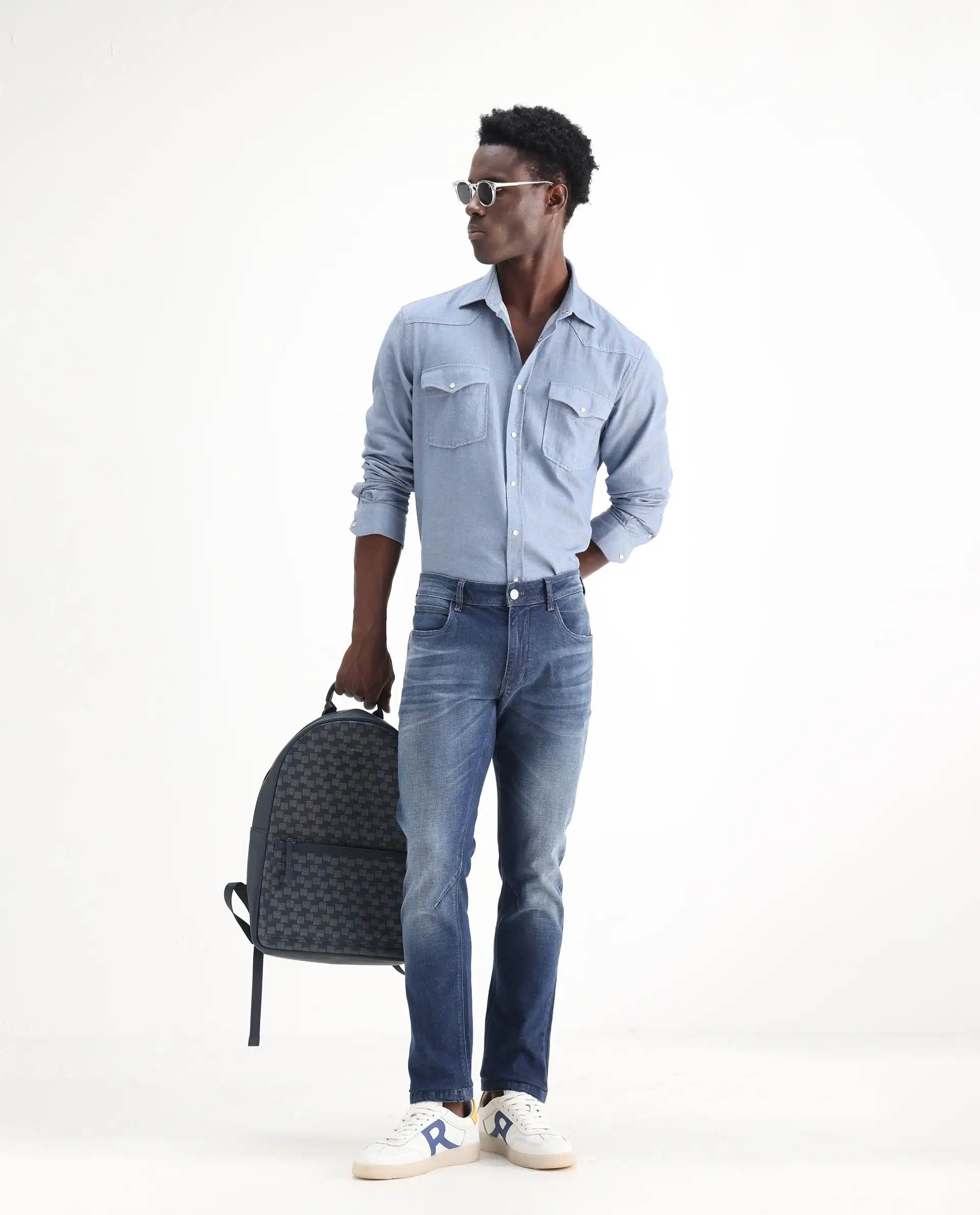 Rare Rabbit Men's Toke Blue Cotton Plain Hawk Slim Fit Jeans