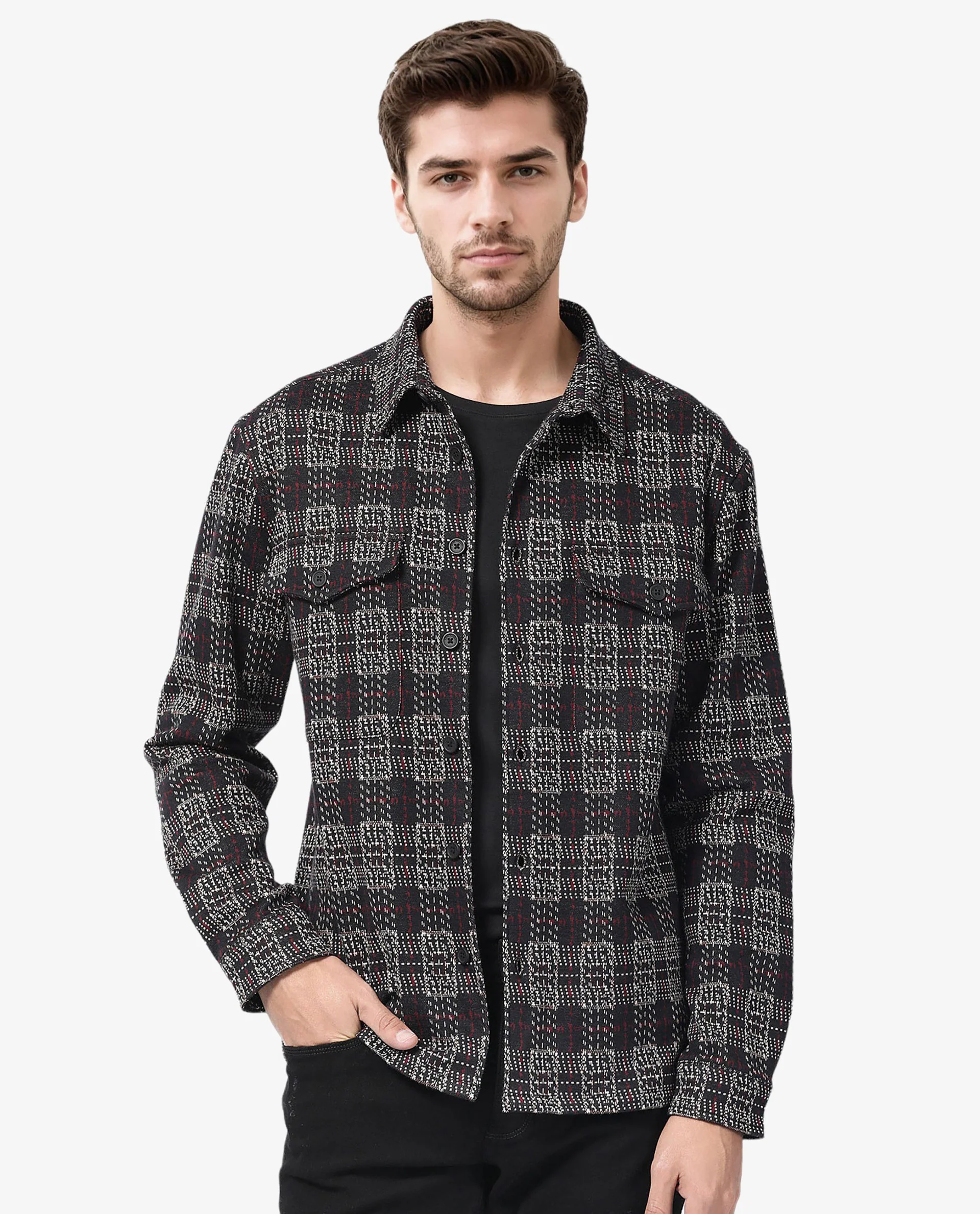Rare Rabbit Men's Torija Black Cotton Checked Print Relaxed Fit Full Sleeve Collared Shacket