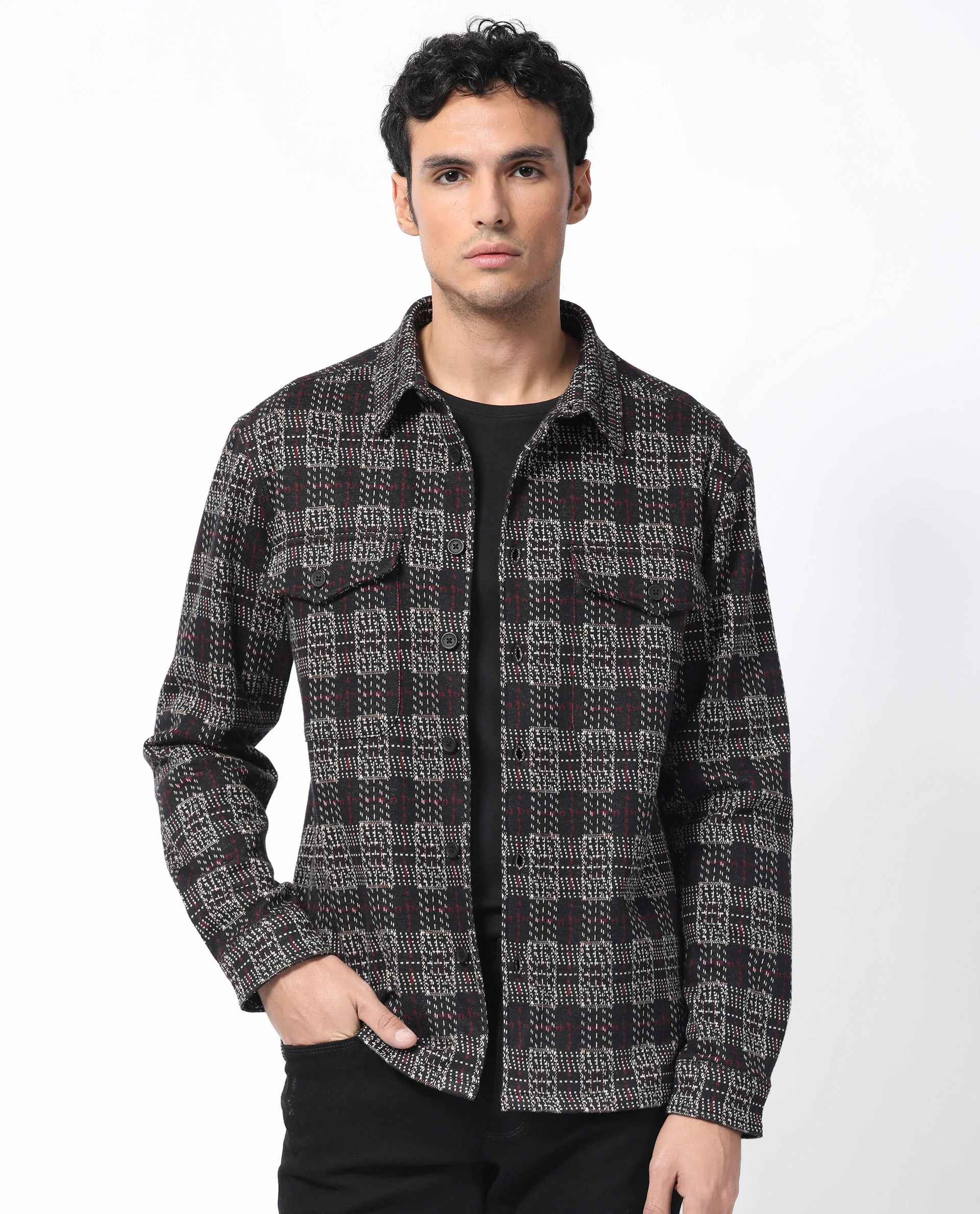 Rare Rabbit Men's Torija Black Cotton Checked Print Relaxed Fit Full Sleeve Collared Shacket - Image 3