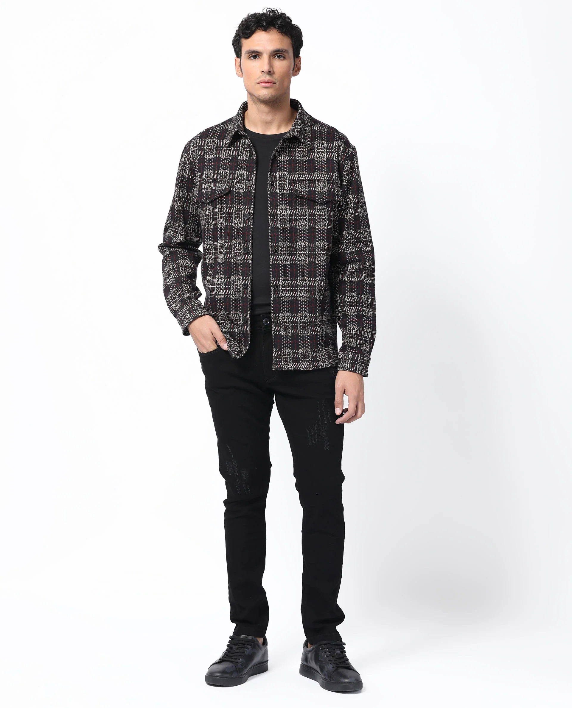 Rare Rabbit Men's Torija Black Cotton Checked Print Relaxed Fit Full Sleeve Collared Shacket - Image 6