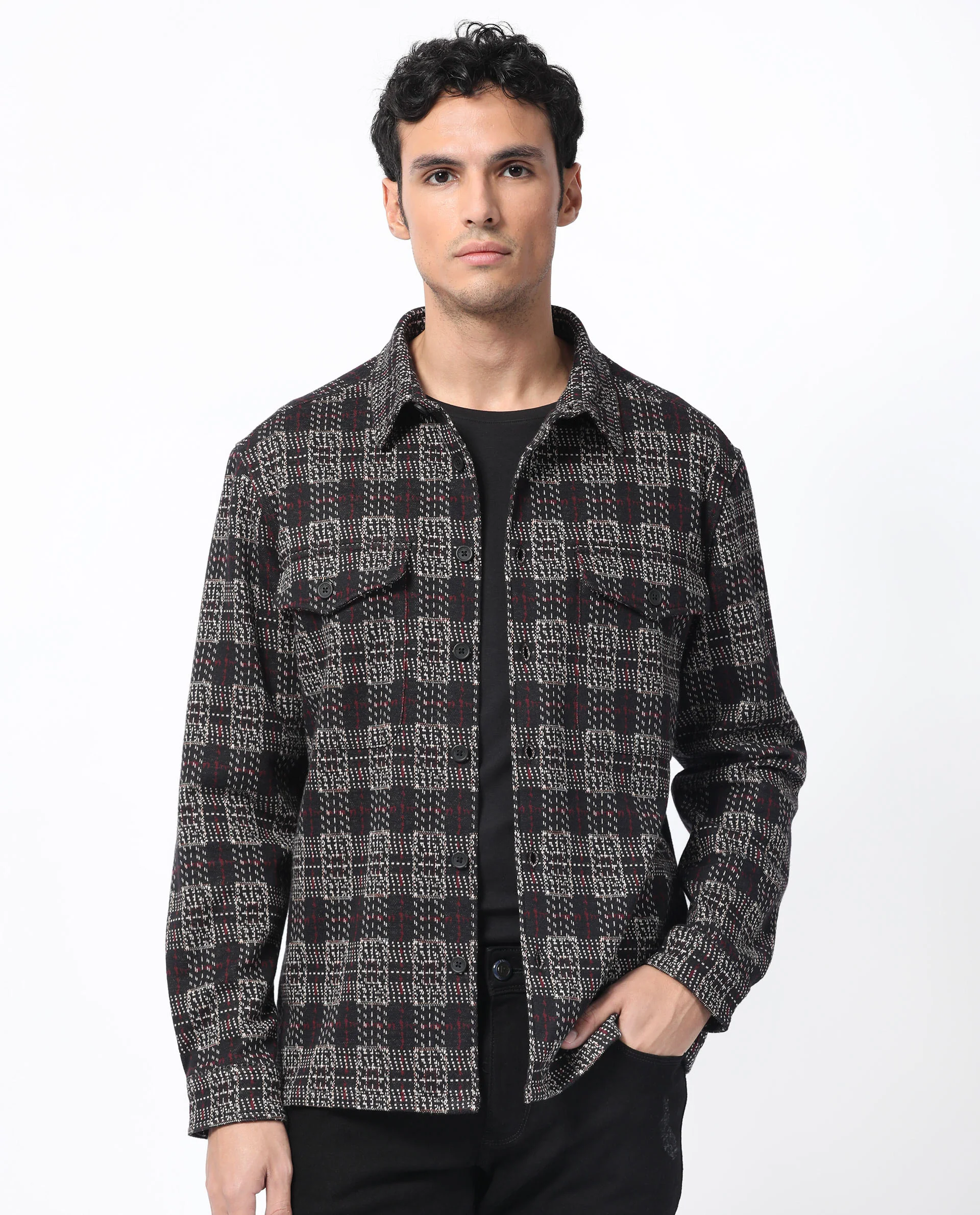 Rare Rabbit Men's Torija Black Cotton Checked Print Relaxed Fit Full Sleeve Collared Shacket - Image 9