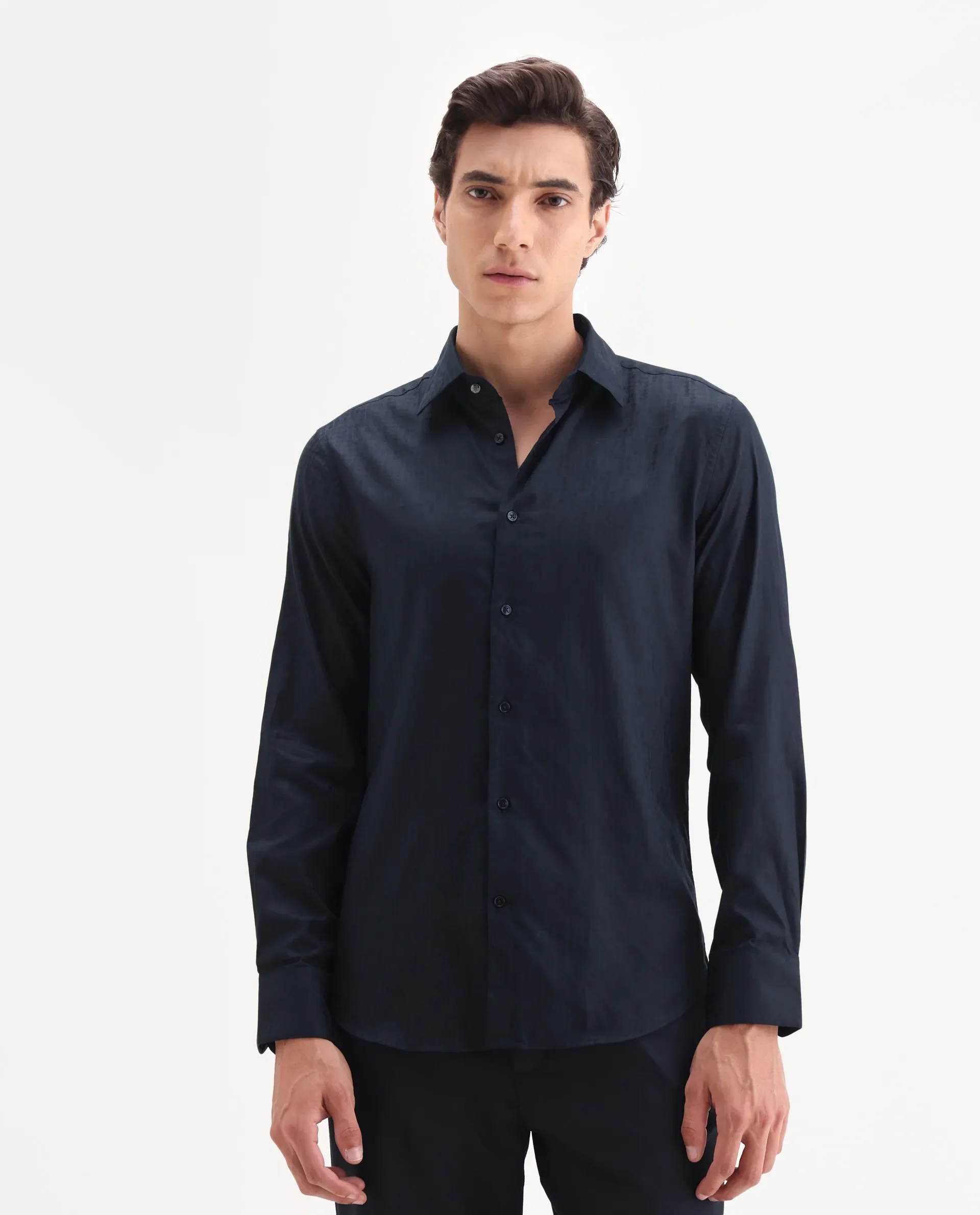 Rare Rabbit Men's Torop Navy Cotton Fabric Full Sleeve Collared Neck Regular Fit Jacquard Shirt - Image 4